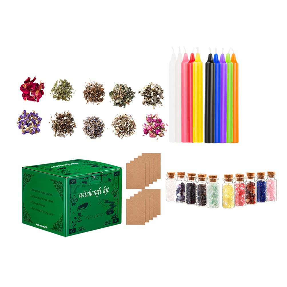 EXCEART Witchcraft Supplies Kit - 1 Set of Crystals, Dried & Colored Candles for Pagan Spells, Rituals & Bath Accessories | Perfect for Beginners & Experienced Witches | DIY Magic, Meditation & Home Decor
