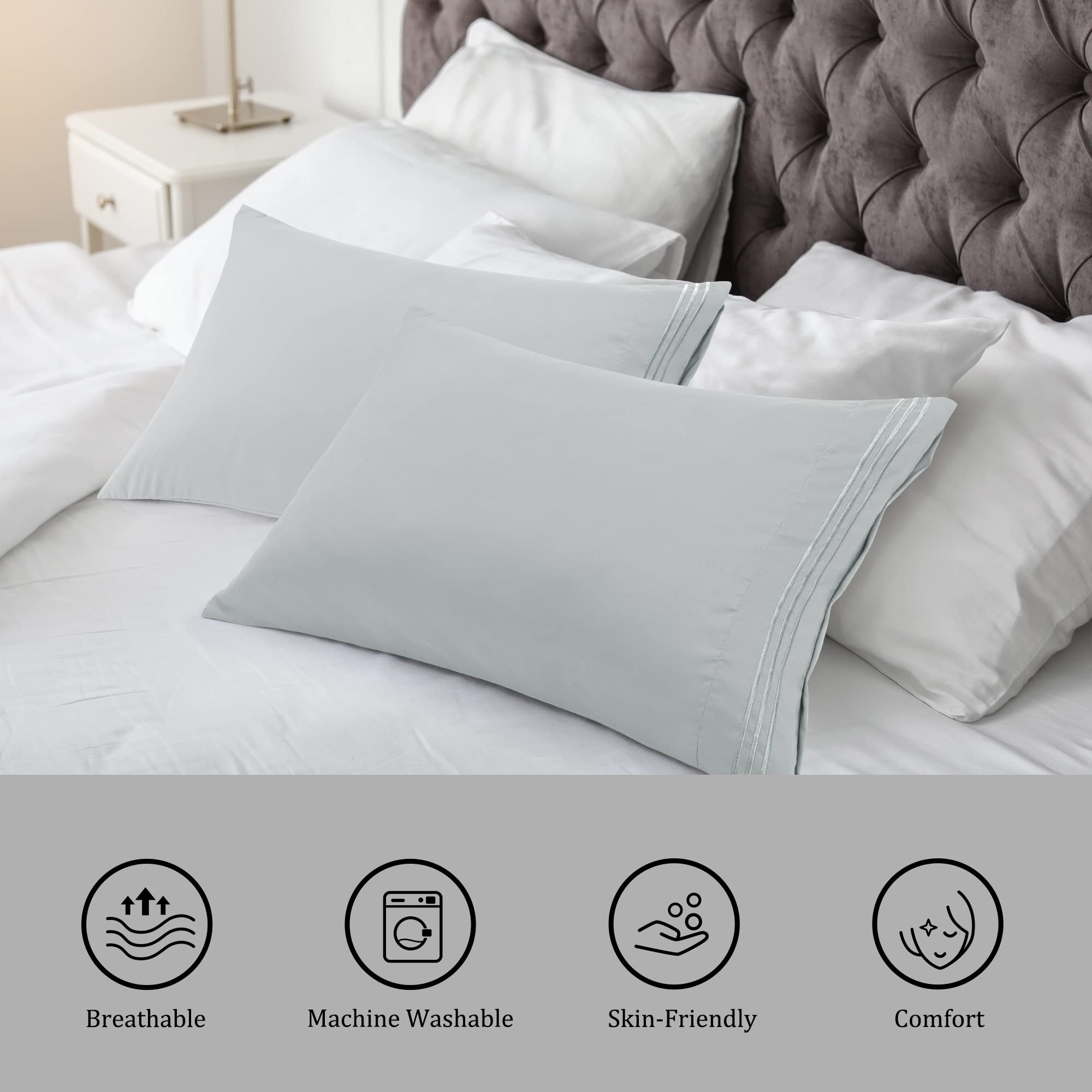 PiccoCasa Light Gray Pillow Cases Set of 2 - Soft Breathable Travel Pillow Covers with Embroidery, Brushed Microfiber Pillowcases with Zipper Closure for Home, Hotel & Airplane Travel