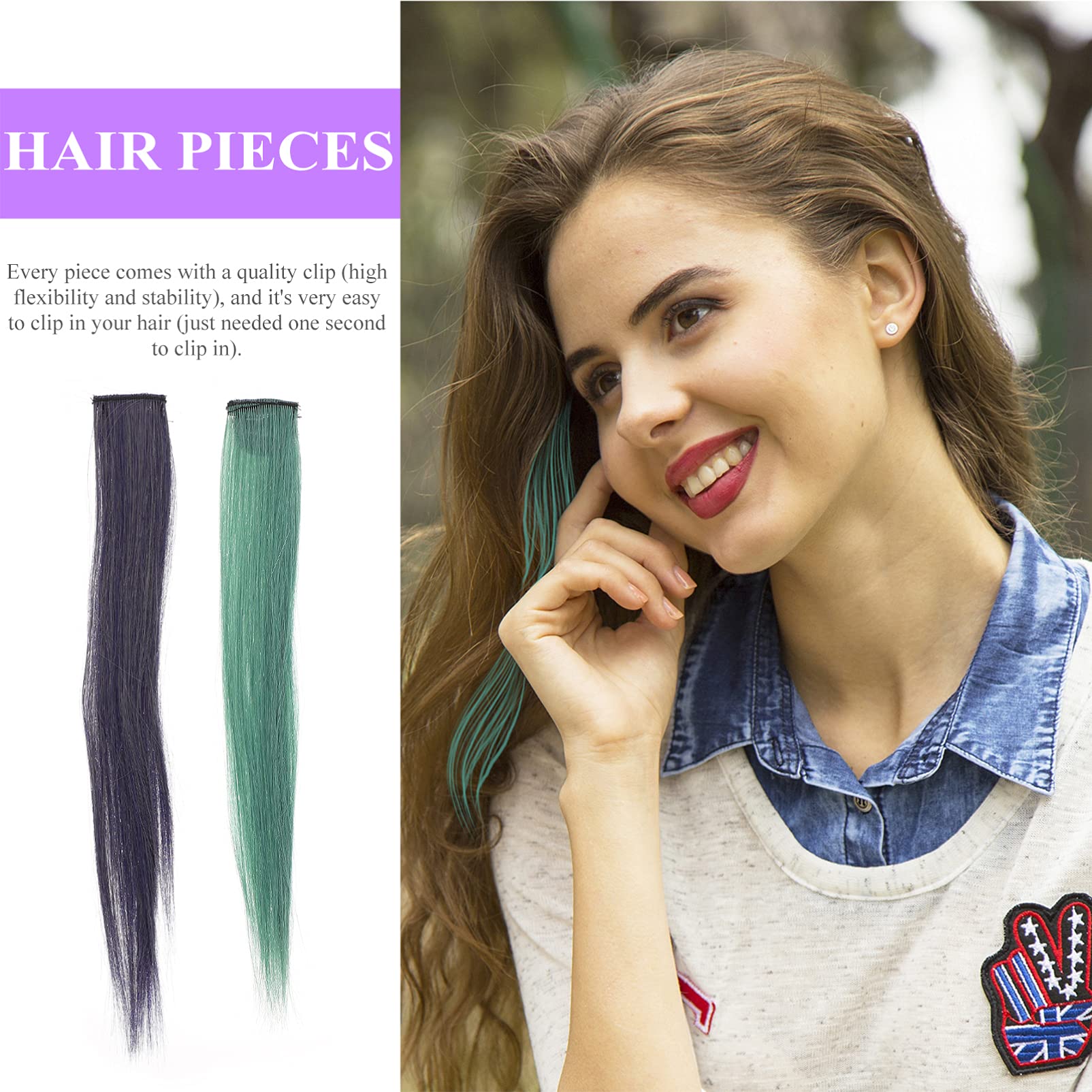 Beaupretty 4pcs Green Blue Short Straight Clip-in Hair Extensions - Seamless Invisible Synthetic Hairpiece for Women & Girls - Perfect for Cosplay, Daily Use & Costume Accessories