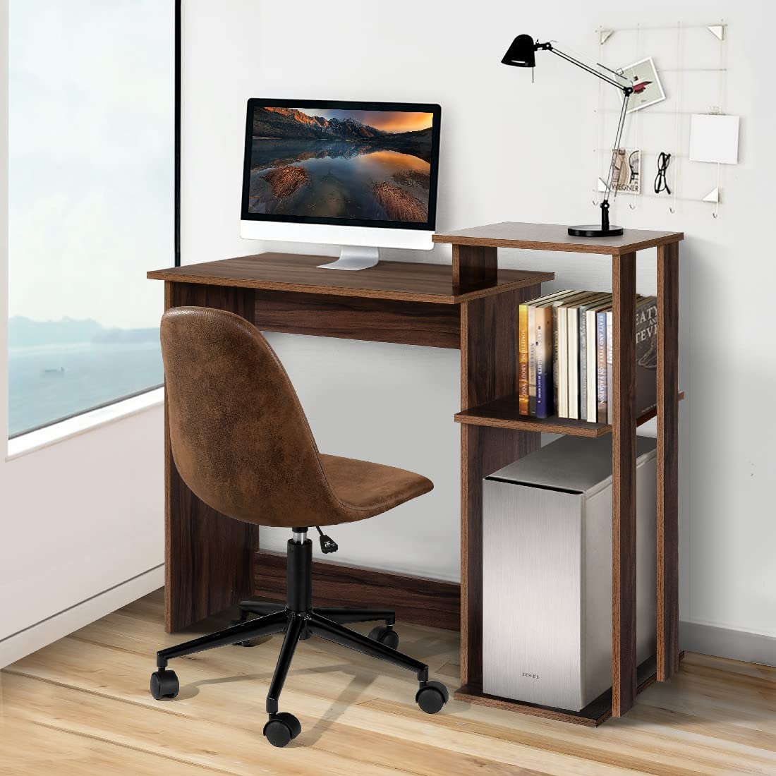 L-Shaped Computer Desk with Shelves - Brown (W9030235) | Home Office Workstation for Gaming, Study & Remote Work