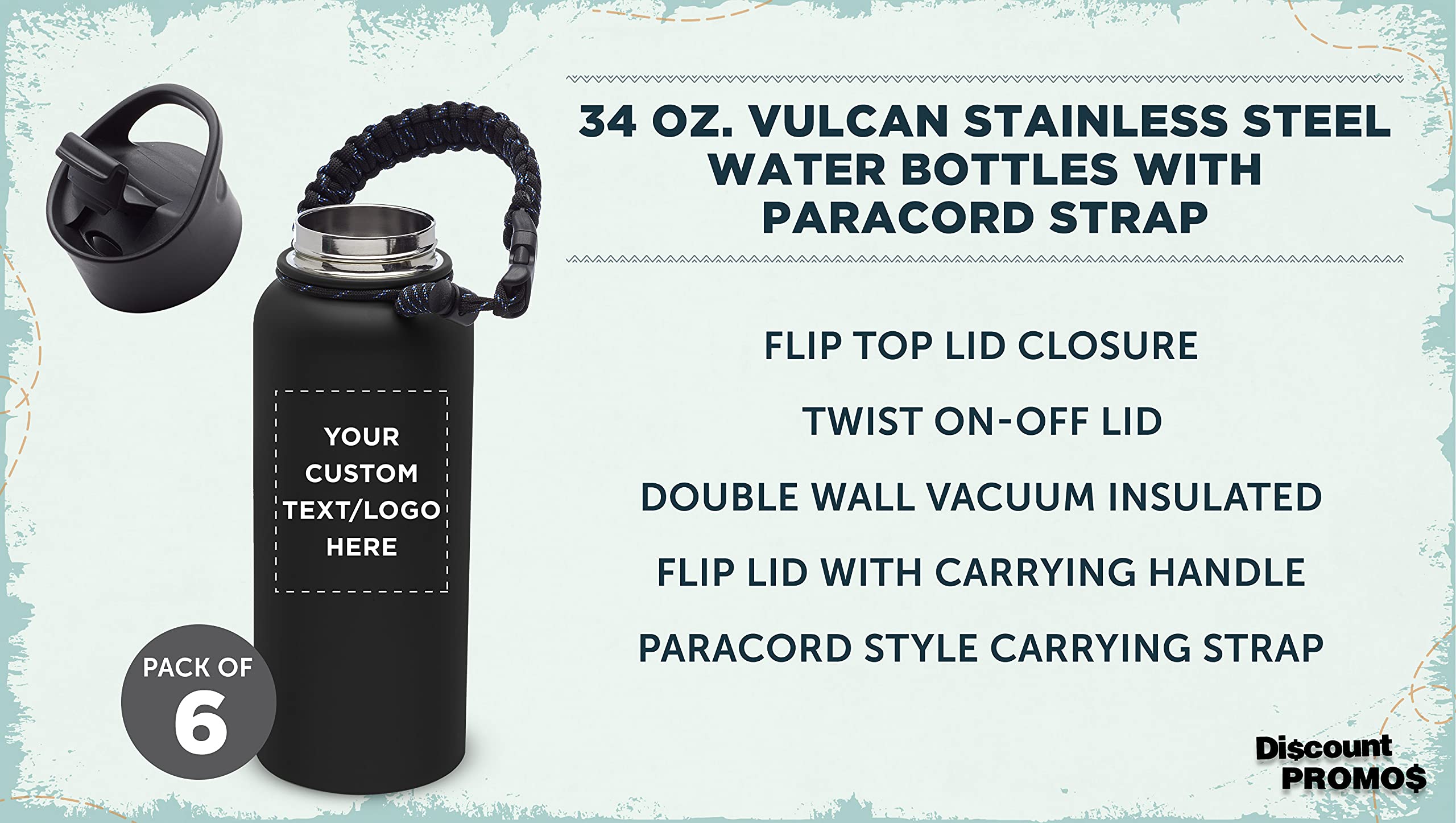 6 Pack Vulcan Stainless Steel Water Bottles 34oz with Strap - Double Wall Vacuum Insulated, Custom Text & Logo - Black - Perfect for Gym, Hiking, Camping & Outdoor Activities