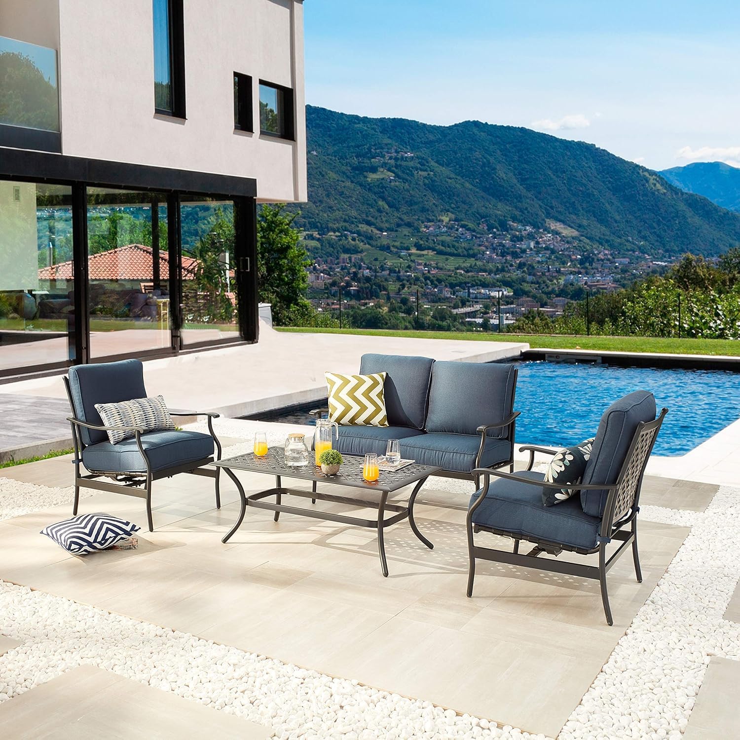 LOKATSE HOME 4-Piece Outdoor Loveseat Set with Cushions & Coffee Table - Patio Conversation Furniture, Metal Armchair in Blue - Perfect for Backyard, Garden, and Poolside Relaxation