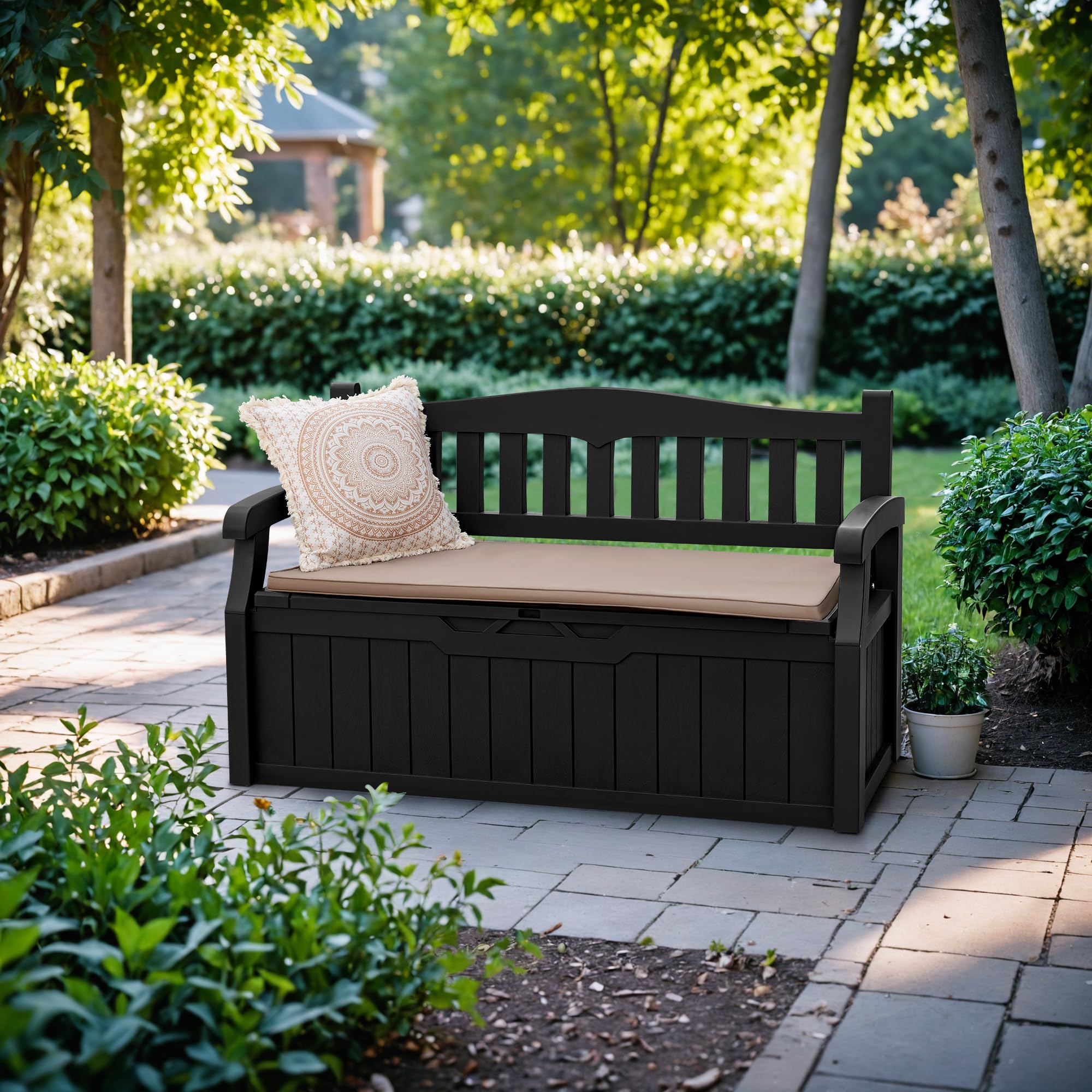 Devoko 80 Gallon Lockable Storage Bench Deck Box - Waterproof Outdoor Furniture for Patio, Garden & Pool Area - Perfect for Cushions, Garden Tools & Pool Supplies Storage (Black) | Ideal for Backyard, Deck & Outdoor Seating Organization