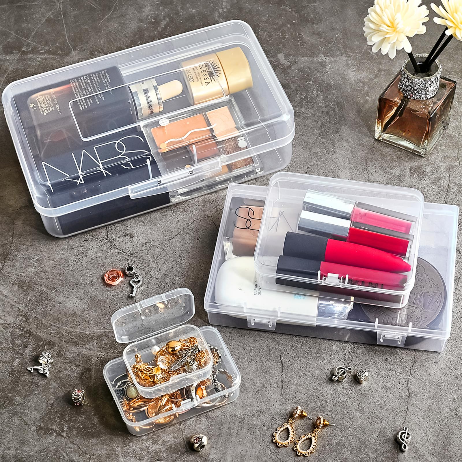 28-Pack Clear Plastic Storage Containers with Hinged Lids - Mixed Size Rectangular Mini Boxes for Beads, Jewelry & Craft Organization | Perfect for DIY Projects, Small Item Storage & Art Supplies