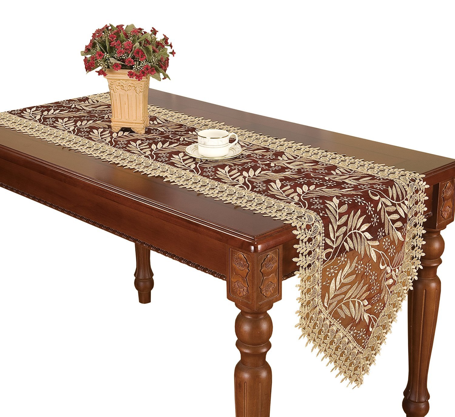 Simhomsen 16x48 Inch Burgundy Lace Table Runner - Elegant Crochet Doilies for Dining Table, Dresser, Wedding Decor & Vintage Home Decorations