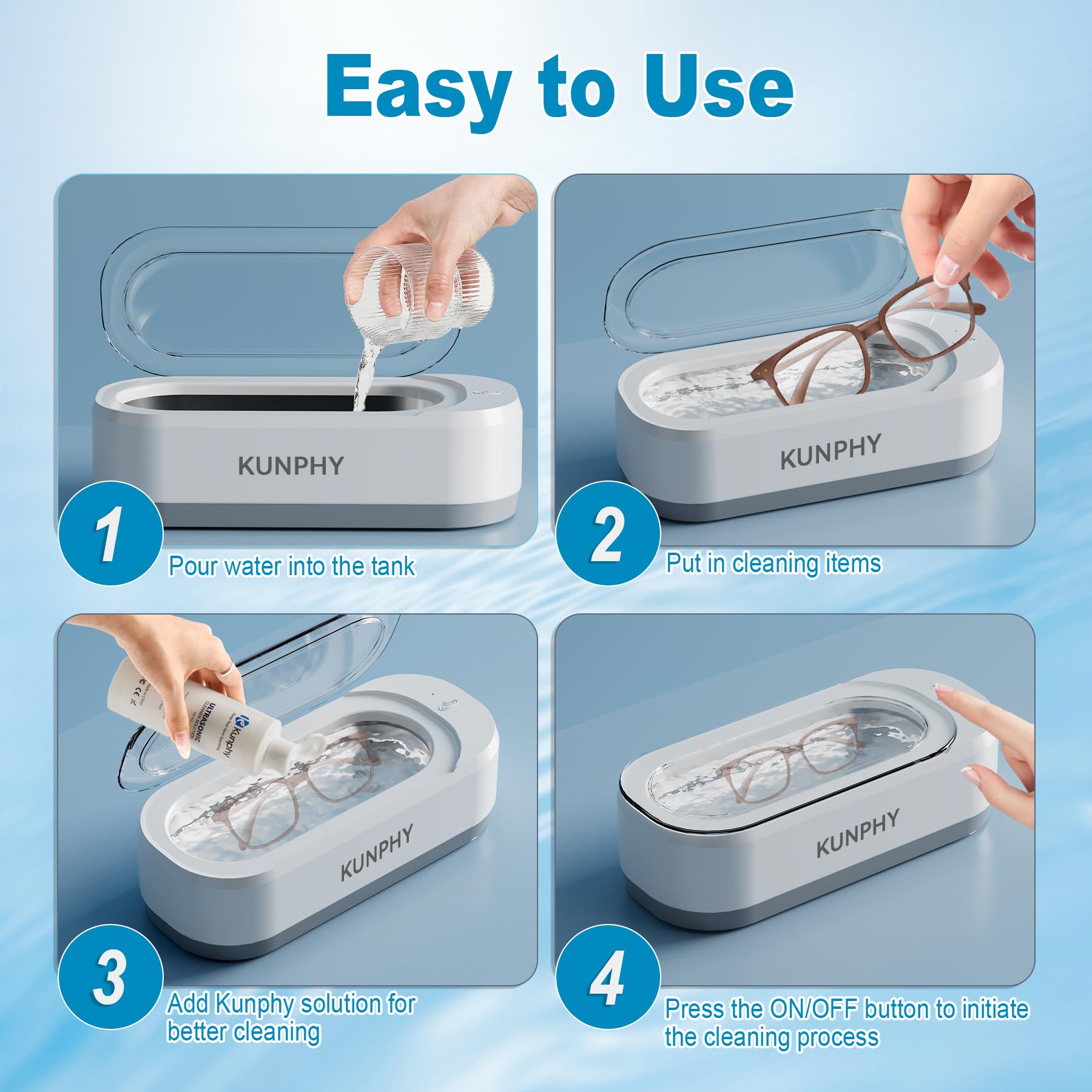 KUNPHY Ultrasonic Jewelry Cleaner Machine - 46KHZ Professional Sonic Cleaner with 12OZ Capacity & 50ml Cleaning Solution - One-Touch Operation for Jewelry, Eyeglasses, Rings, Watches - Perfect for Home, Travel & Jewelry Store Cleaning Needs
