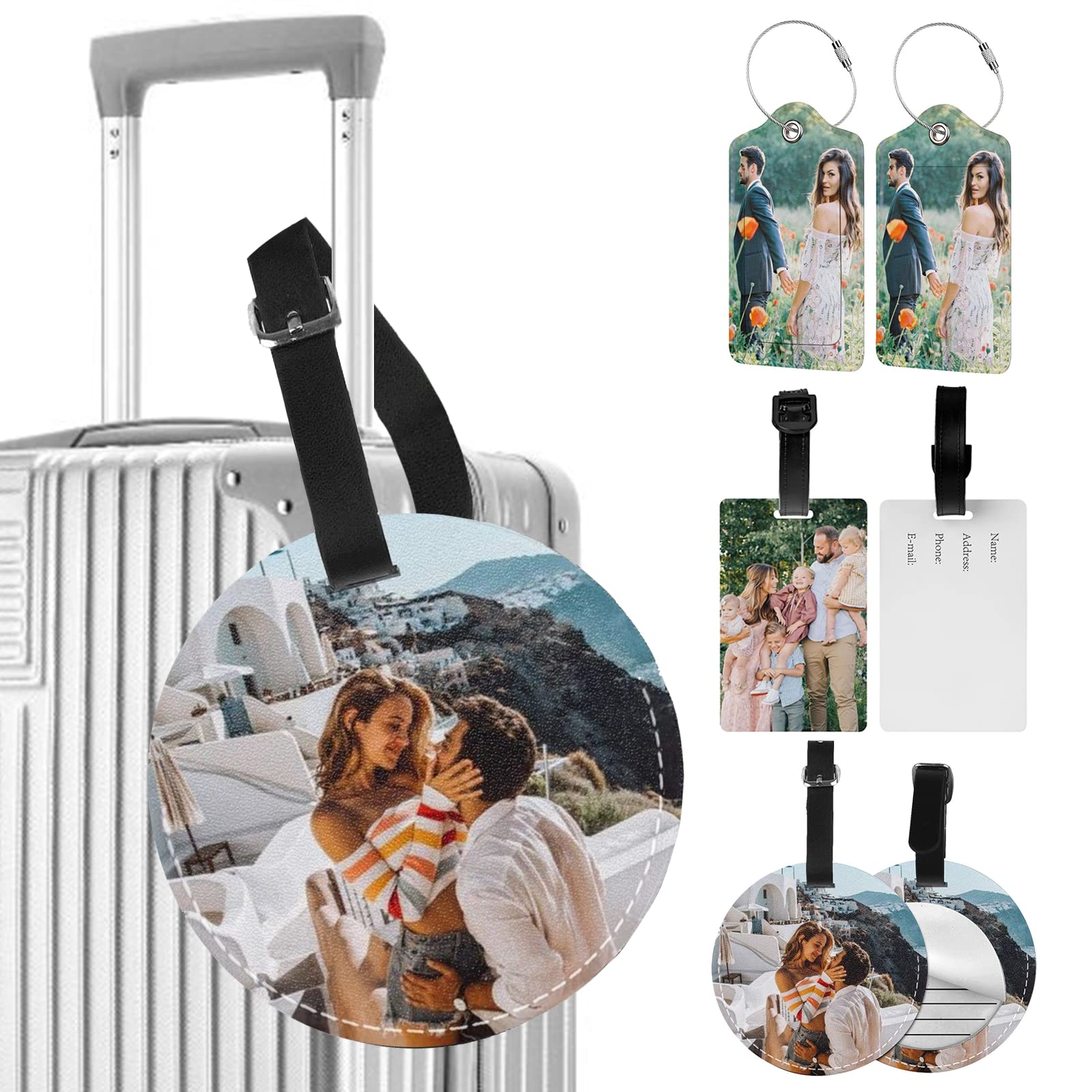 Custom Personalized Luggage Tags with Photo/Text - PU Leather Suitcase & Backpack ID Tags (4-Pack Round) - Perfect Travel Gifts for Men & Women - Ideal for Airports, Cruises and Vacation Identification