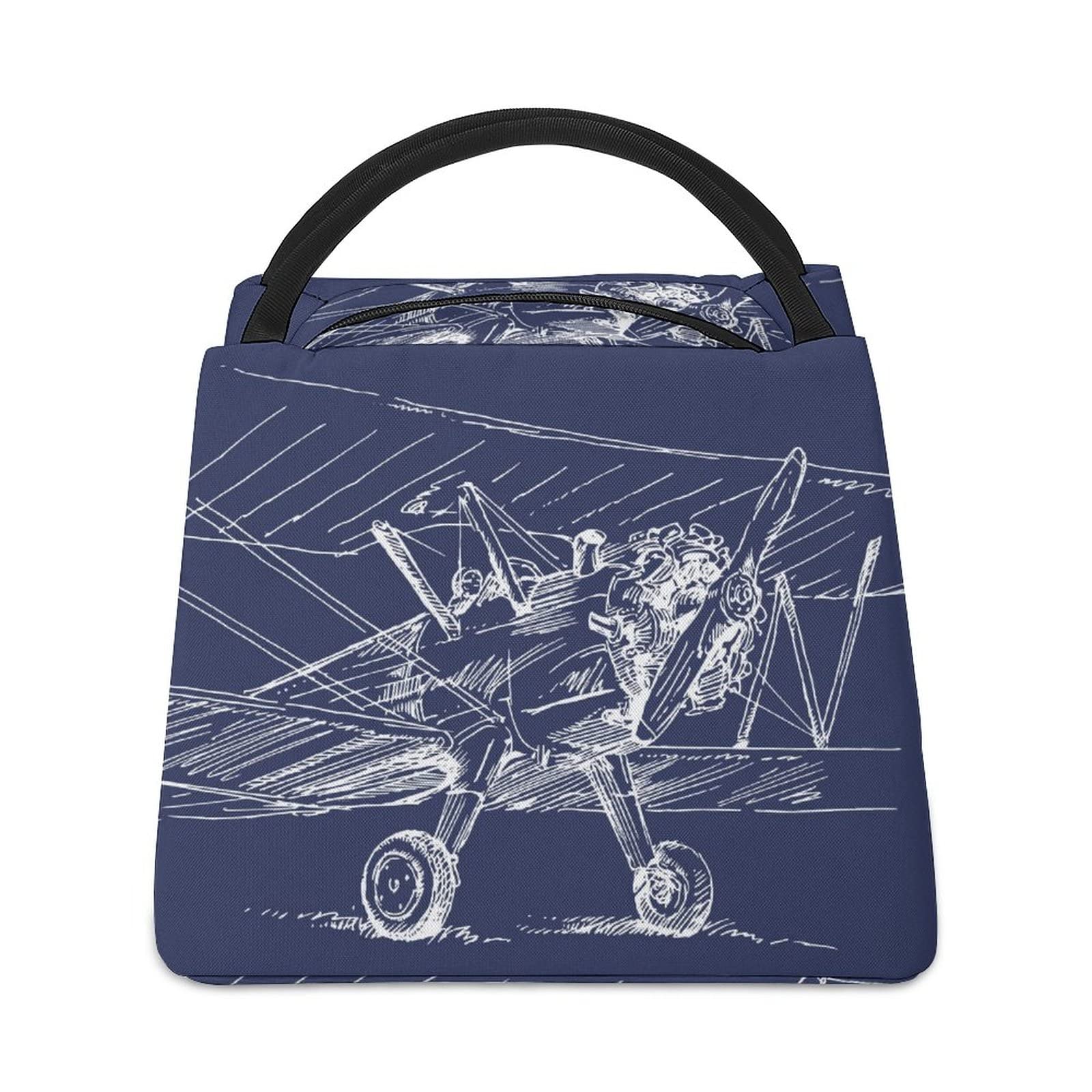 Insulated Lunch Bag for Office & School - Reusable Tote with Blue Plane Print