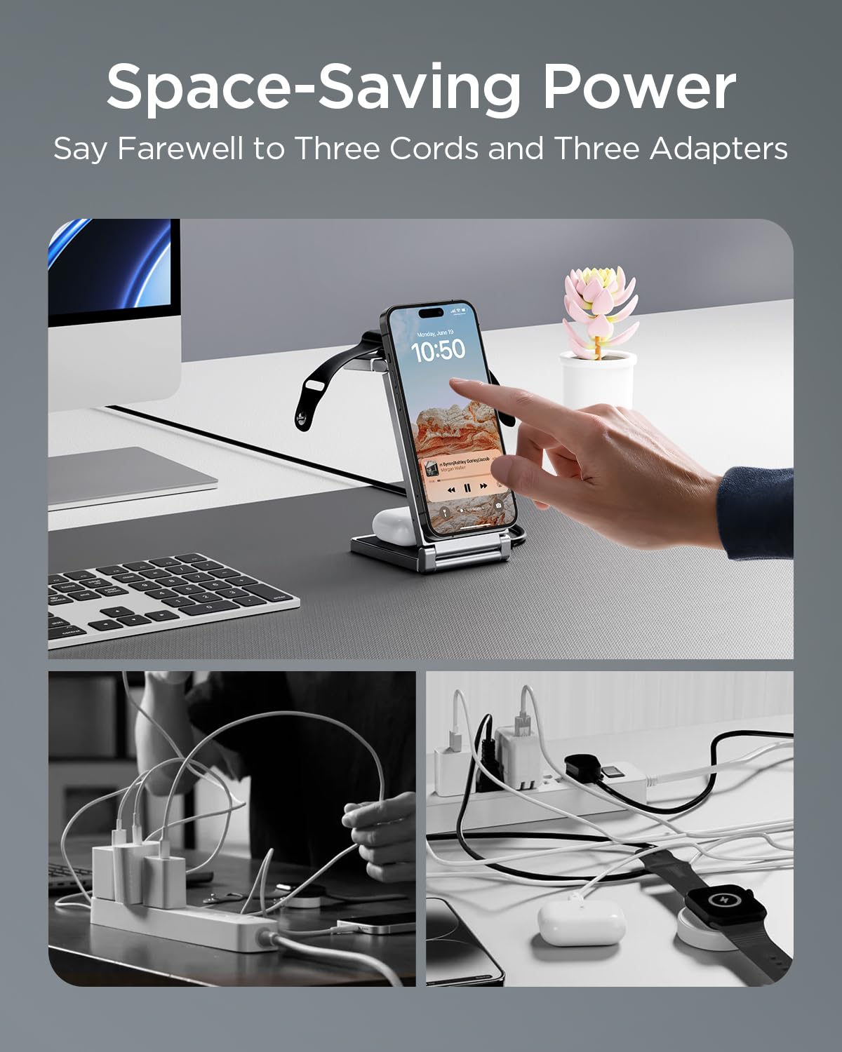 3-in-1 Magnetic Wireless Charging Station - Foldable Zinc Alloy Stand Compatible with iPhone 15/14/13/12 Series, AirPods Pro/3/2, Apple Watch | Fast Charging for Home, Office & Travel | Black
