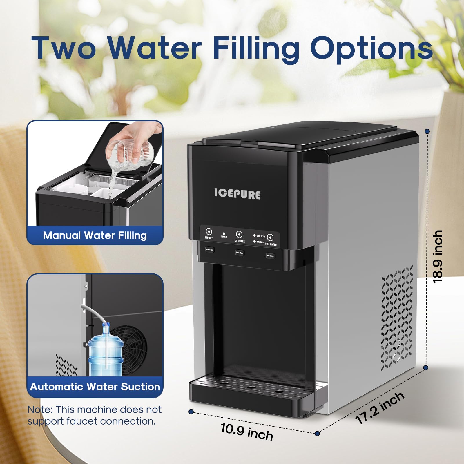 ICEPURE 3-in-1 Countertop Water Cooler with Ice Maker | Bullet & Crushed Ice Machine | Cold & Room Temperature Water Dispenser | 42 lbs/Day Capacity | Manual/Auto Water Refill | Perfect for Home, Office, Kitchen, or Outdoor Use