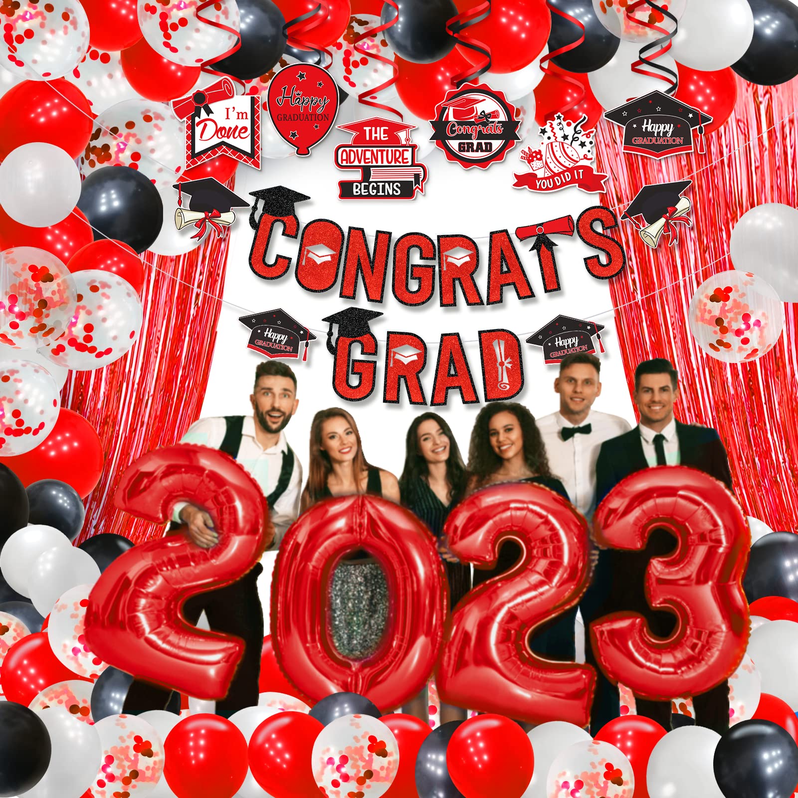 2023 Graduation Decorations Set - Red & Black Congrats Grad Banner, College Party Supplies for Class of 2023 | Perfect for Graduation Ceremony Decor, Graduation Party Backdrop & Photo Booth Props