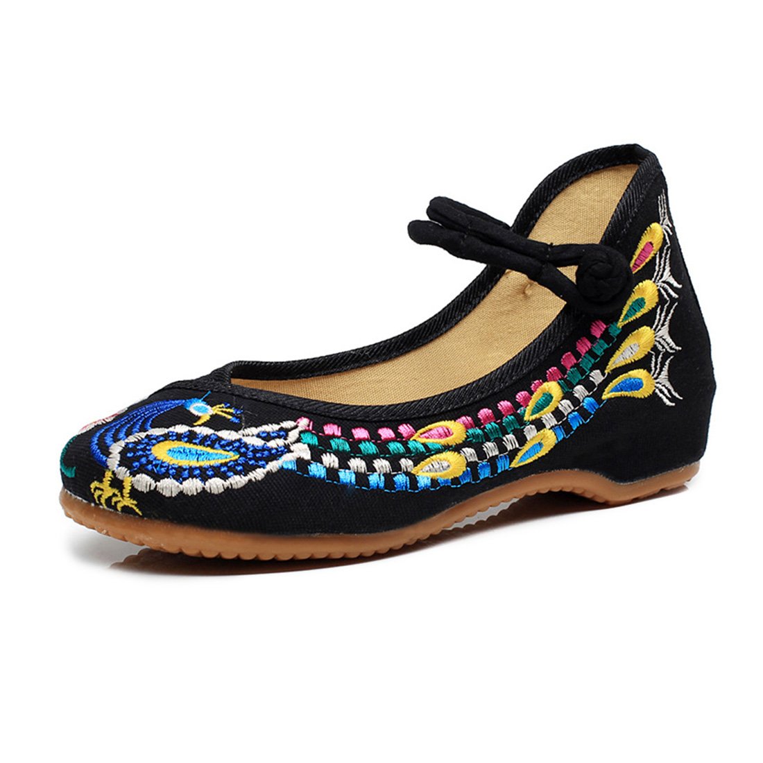 YIBLBOX Women's Summer Peacock Embroidery Mary Jane Flats - Strappy Ankle Strap Dress Shoes for Cheongsam, Qipao & Vintage Style Outfits - Comfortable Casual & Wedding Occasion Footwear