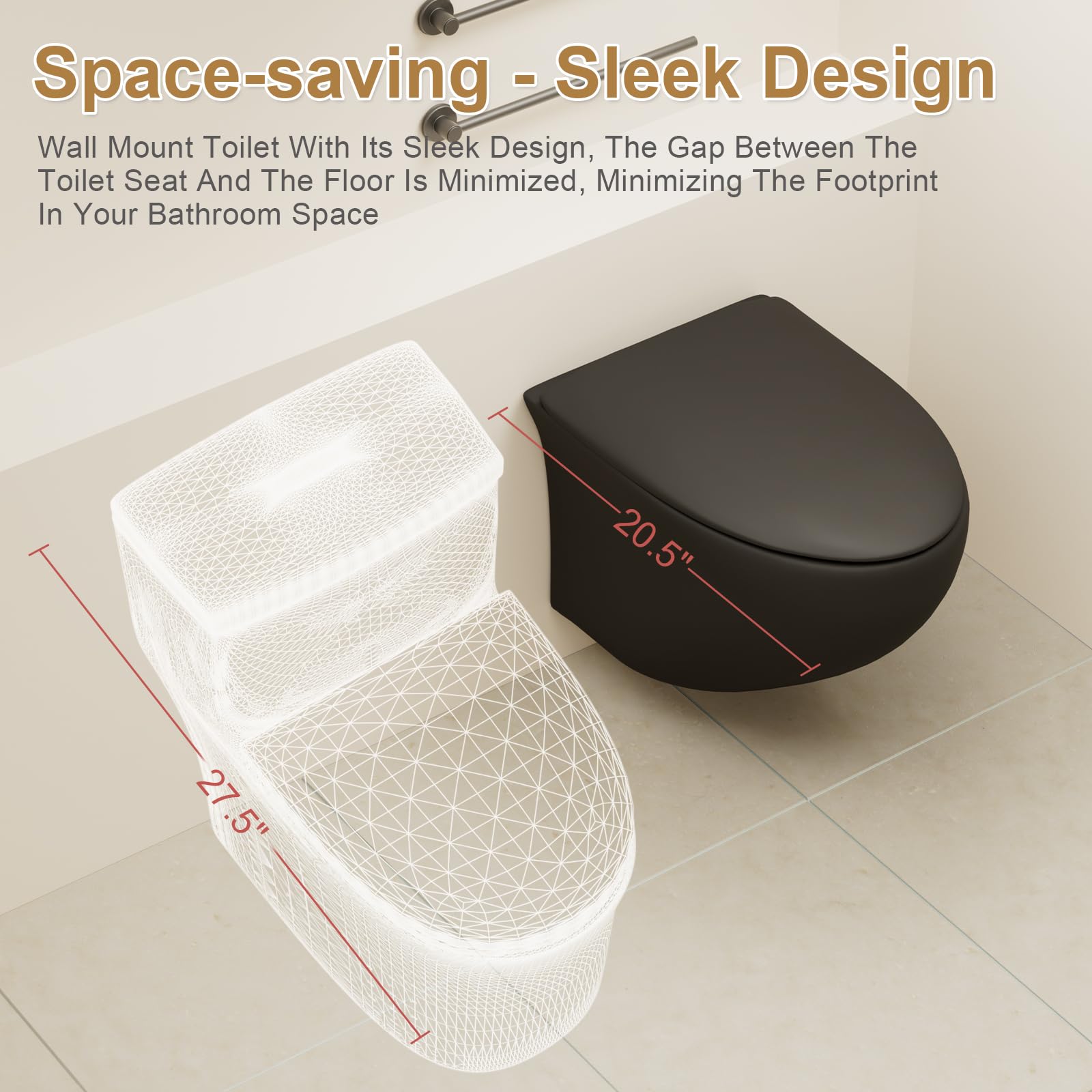 Wall Mounted Toilet Bowl - Elongated One Piece Wall Hung Toilet with Soft Close Seat, Adjustable Height for Modern Bathrooms | Perfect for Small Spaces, Luxury Homes & Commercial Use