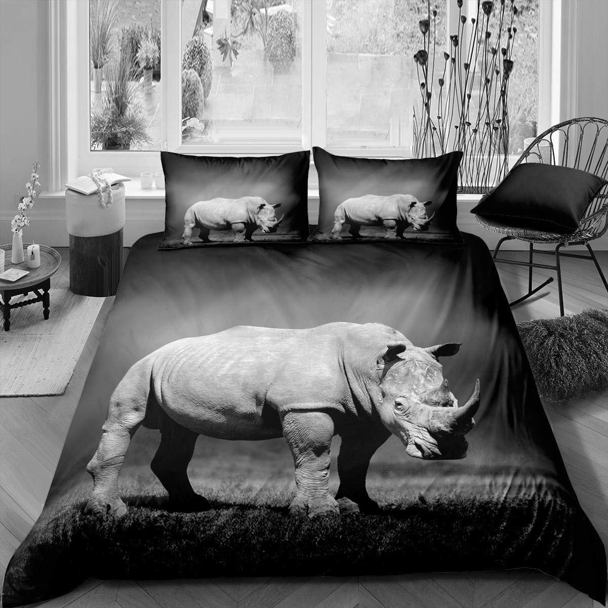 King Size Rhino Duvet Cover Set - White & Black Animal Print Comforter Cover with 2 Pillowcases | Classic Bedding Set for Master Bedroom, Guest Room & Dorm Decor