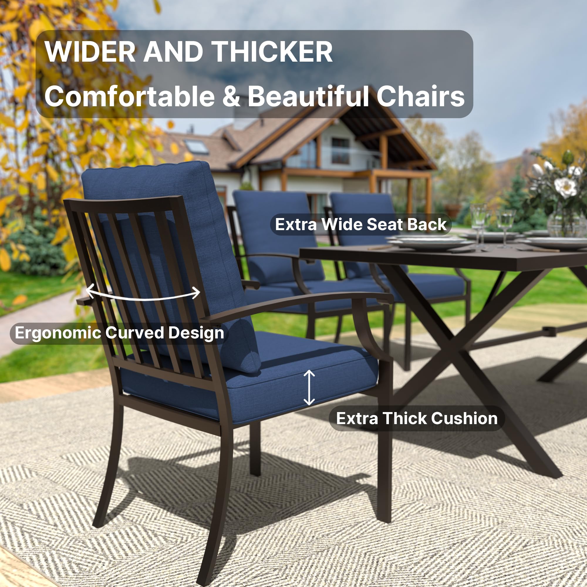 Gotland 7-Piece Outdoor Dining Set for 6 - Rectangular Patio Table with Umbrella Hole & Navy Chairs - Modern Metal Garden Furniture for Backyard, Lawn, Poolside & BBQ Entertaining