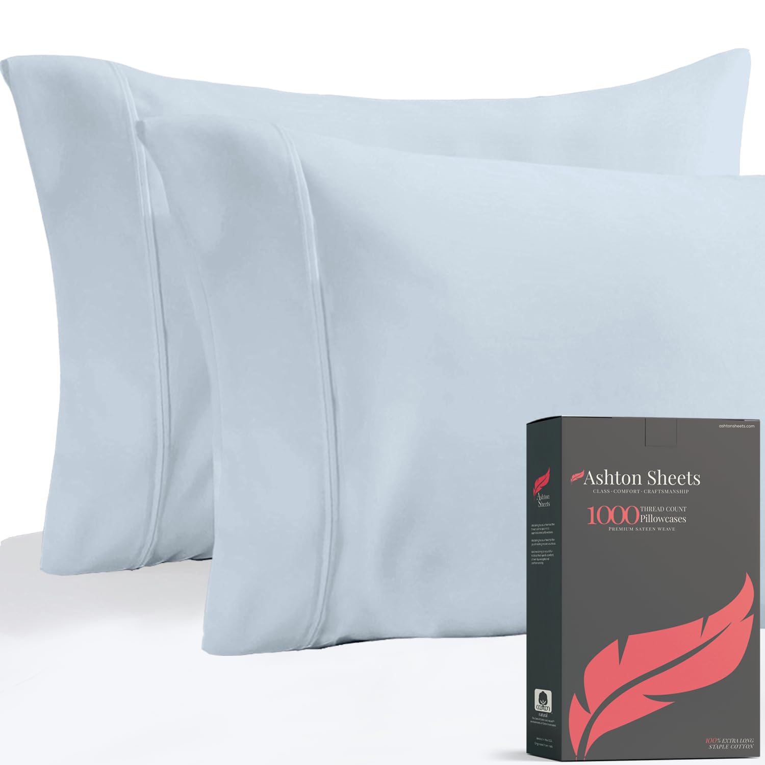Luxury 1000 Thread Count Egyptian Cotton Pillowcases Set of 2 - Standard/Queen Size, Sateen Weave Cooling Pillow Covers for Hot Sleepers - Light Blue | Perfect for Master Bedroom, Guest Room & Hotel Style Bedding