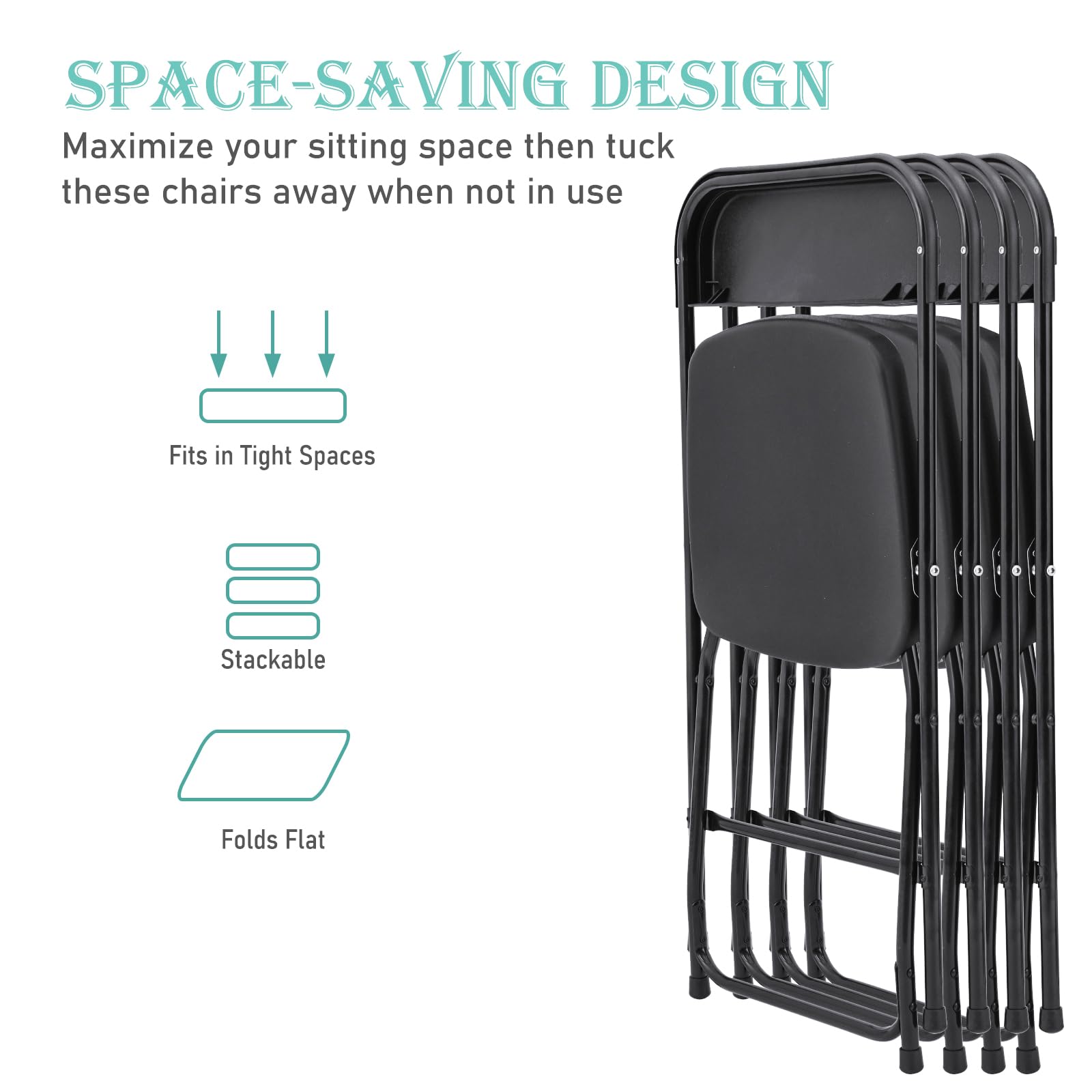 10 Pack Black Plastic Folding Chairs - Heavy Duty 350lbs Capacity Stackable Portable Chairs with Steel Frame for Home, Office, Wedding, Party | Indoor & Outdoor Use for Events, Picnics, Camping and Backyard Gatherings