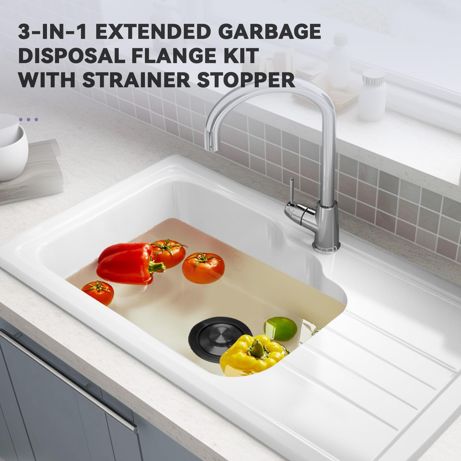 KONE 3-1/2 Inch Deep 304 Stainless Steel Sink Flange with Strainer & Stopper - Heavy Duty Garbage Disposal Extension for Standard Kitchen Sink Drain - Ideal for Water Storage, Drainage & Food Prep - Black