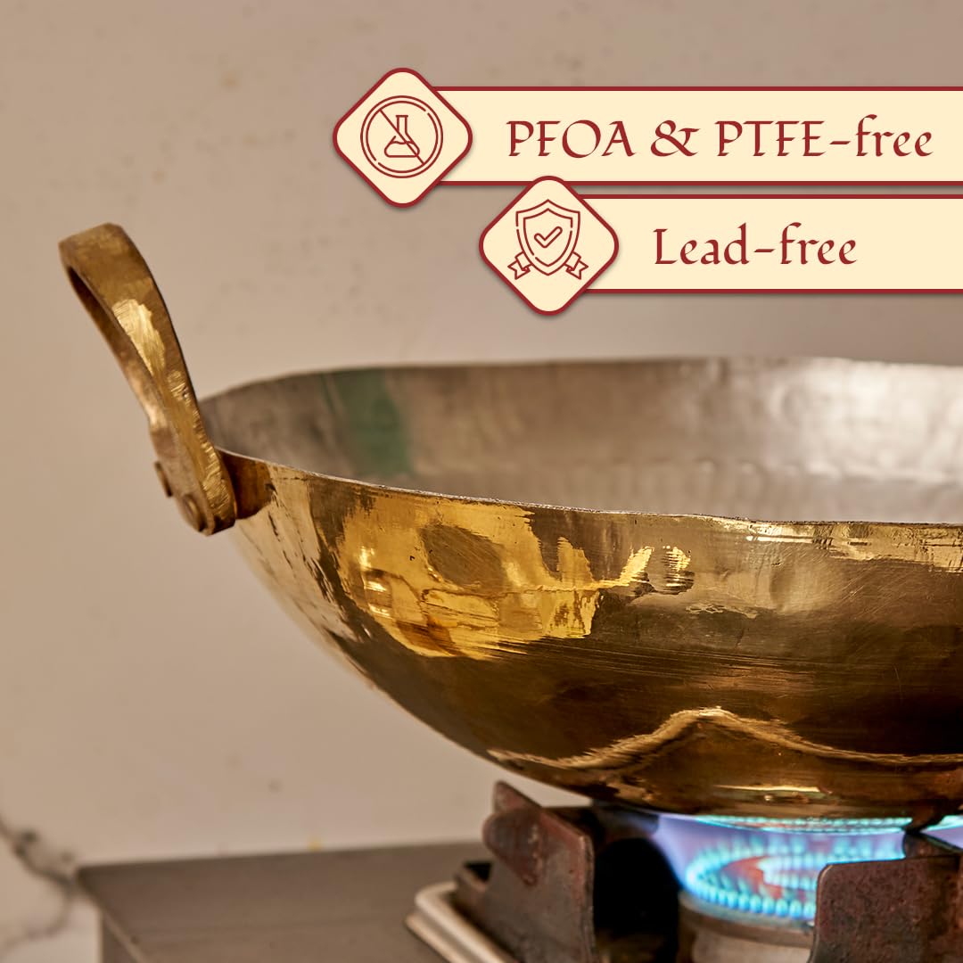 12-inch Nonstick Brass Wok with Lid - Tin Coated, PFOA & PFAS Free, Ayurvedic Healthy Cookware (3.2 Quart) - Perfect for Stir-Frying, Deep Frying & Indian Cooking