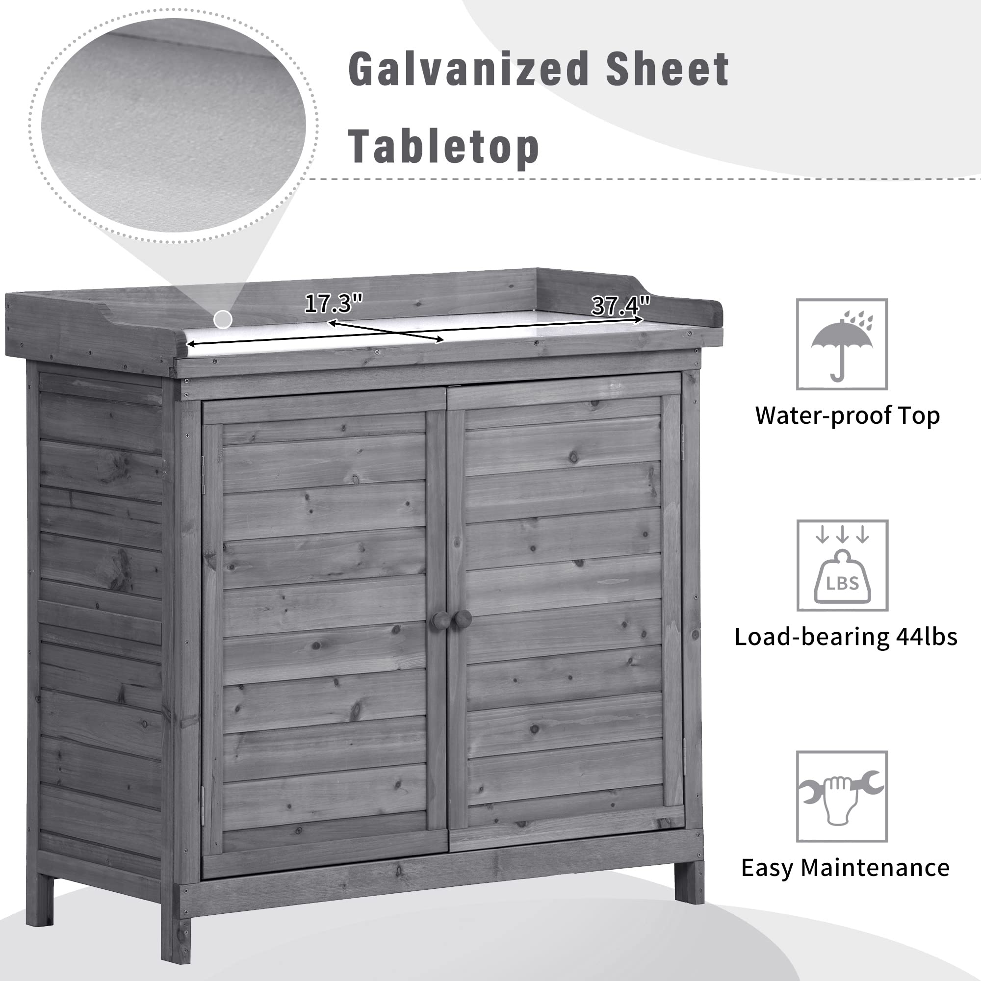 Outdoor Potting Bench with Storage - Weatherproof Garden Work Table with Double Doors, 2-Tier Shelves & Side Hooks - Perfect for Patio, Backyard, Porch Gardening & DIY Projects (Grey)