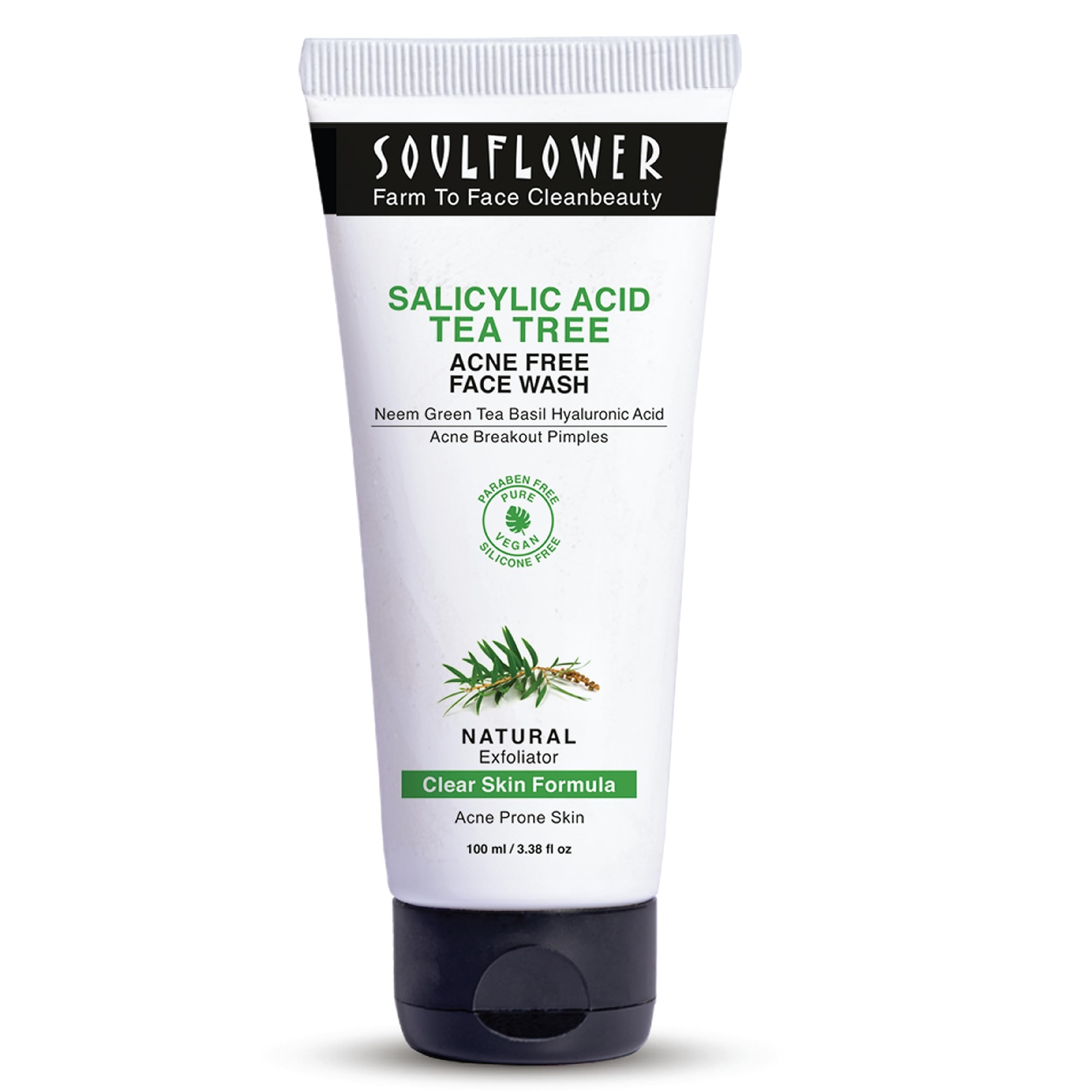 Soulflower Salicylic Acid Face Wash for Acne & Pimples Treatment - Deep Cleansing Facial Cleanser with Tea Tree, Neem, Green Tea & Basil | Sulfate-Free, 100ml | Perfect for Daily Skincare Routine & Oily/Acne-Prone Skin