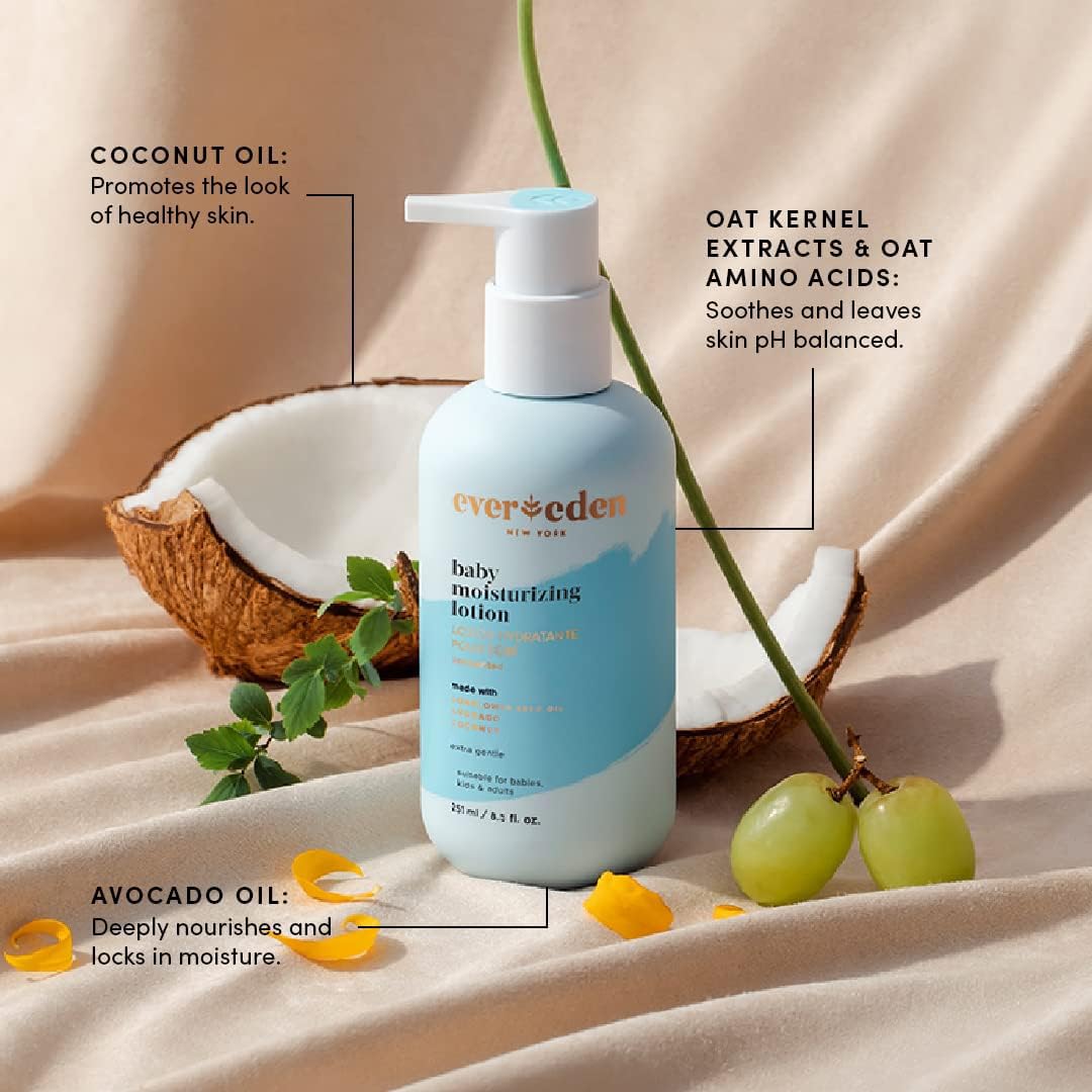 Evereden Baby Bathtime Essentials Trio Set - Fragrance-Free Shampoo & Body Wash, Moisturizing Lotion & Soothing Massage Oil for Newborns & Infants | 8.5oz + 8.5oz + 4oz | Clean, Natural Skincare Bundle for Sensitive Skin | Perfect for Daily Bath Routine, Baby Massage & Hydration Care