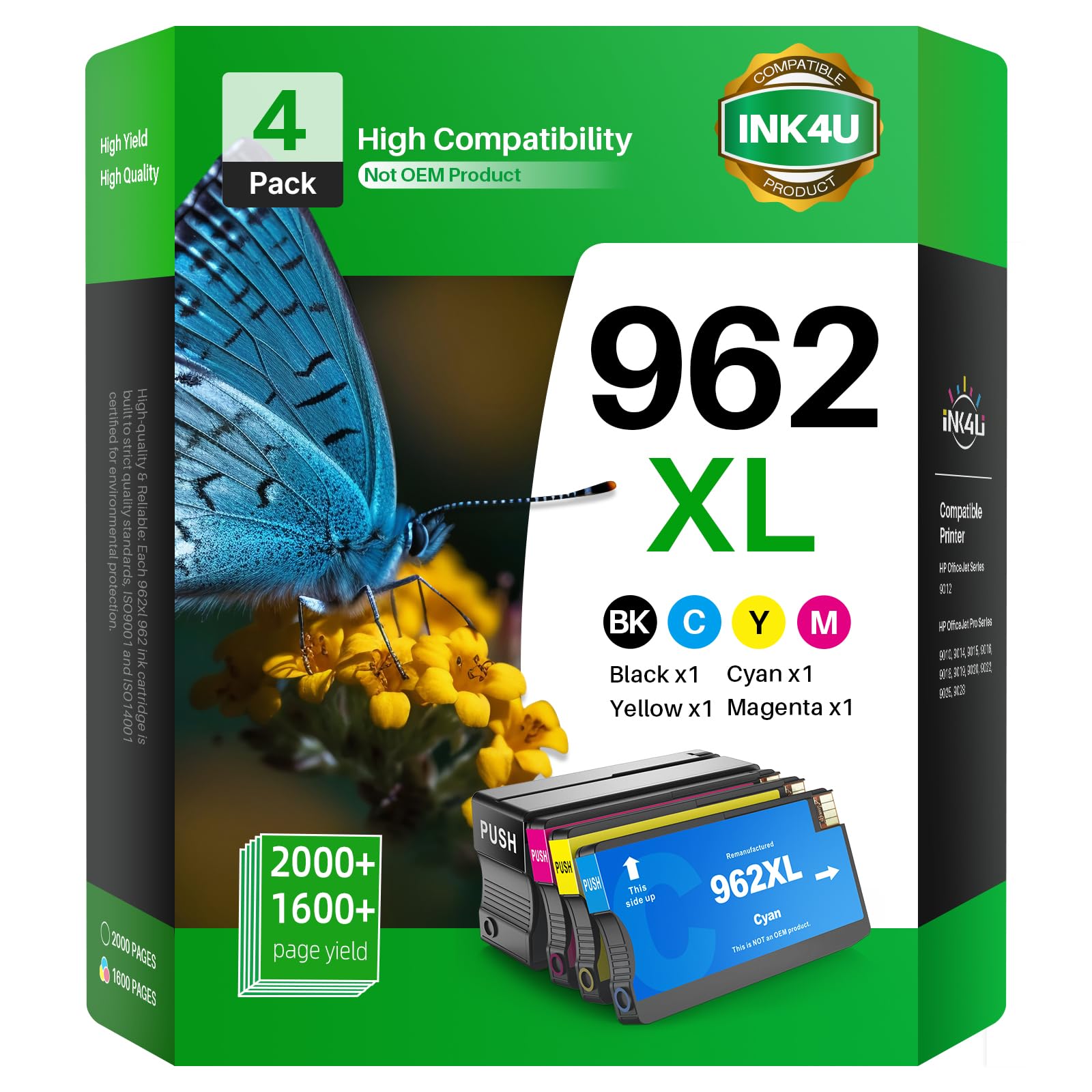 HP 962XL Ink Cartridges Combo Pack (4 Pack - 1BK/1C/1M/1Y) - Replacement for HP OfficeJet Pro 9010 9012 9014 9015 9016 9018 9020 9022 9025 Printers - High Yield Ink for Home & Office Printing Needs