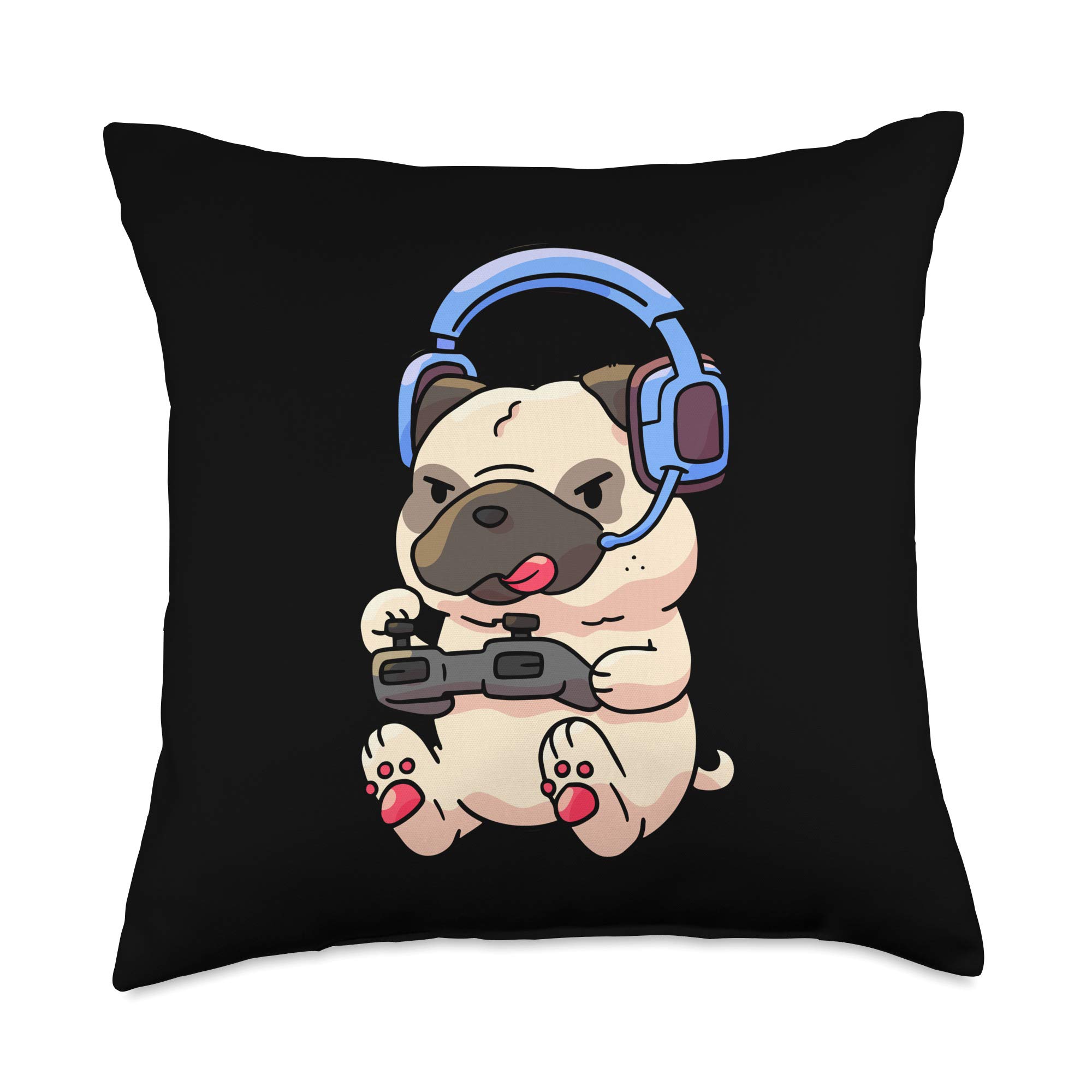 Gamer Pug Throw Pillow - Cute Gaming Pugs Design - Perfect Video Game Gift for Gamers & Dog Lovers - Great for Gaming Chairs, Couches & Bedroom Decor