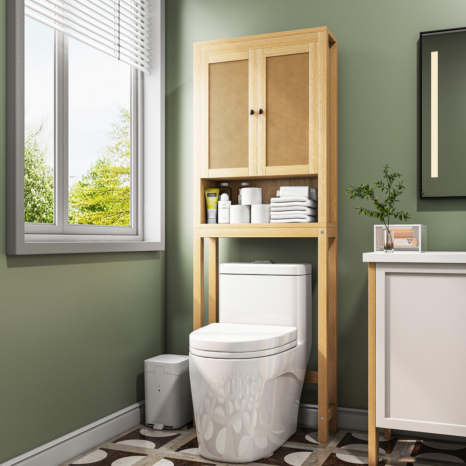 Rattan Over The Toilet Storage Cabinet - Adjustable Shelf Bathroom Organizer | Space Saving Behind Toilet Cabinet for Bathroom, Laundry & Restroom | Natural Wood Rack for Toilet Paper, Towels & Bath Essentials