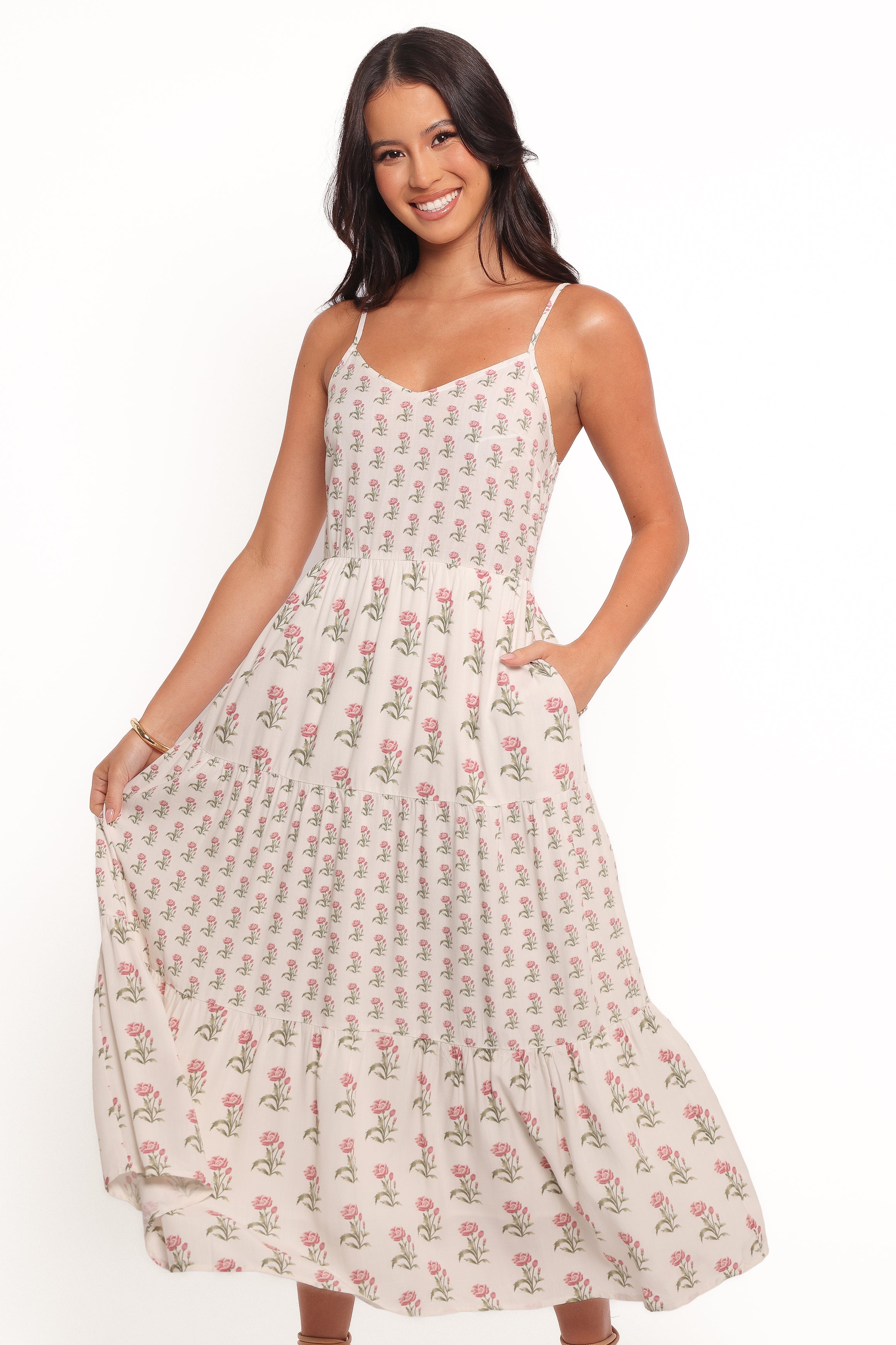 Echo Midi Dress for Women - Flowy Summer White & Pink Floral Dress | Casual & Wedding Guest Dress