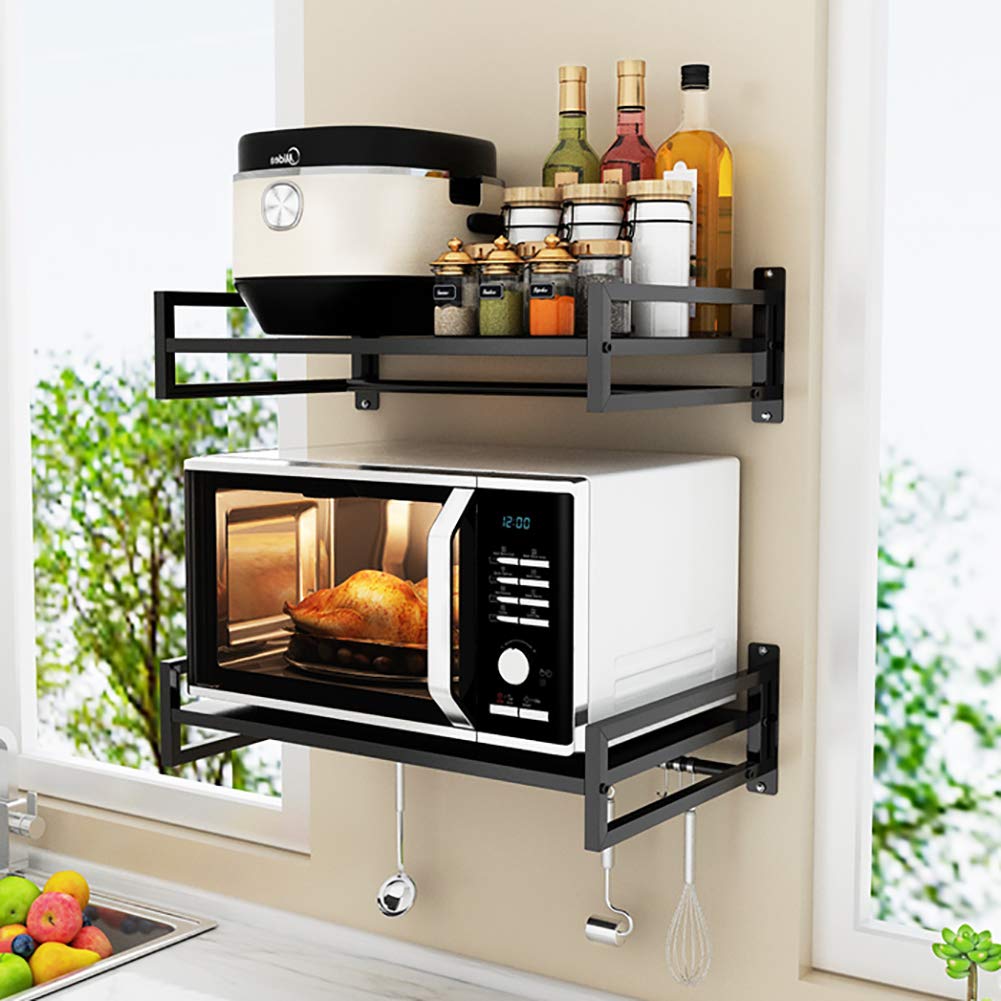 Wall Mounted Microwave Oven Shelf with 5 Hooks - Kitchen Organizer Floating Shelf for Electric Oven - Space Saving Storage Rack for Kitchen & Dining Room (Black) - Perfect for Small Kitchens & Apartment Cooking Spaces