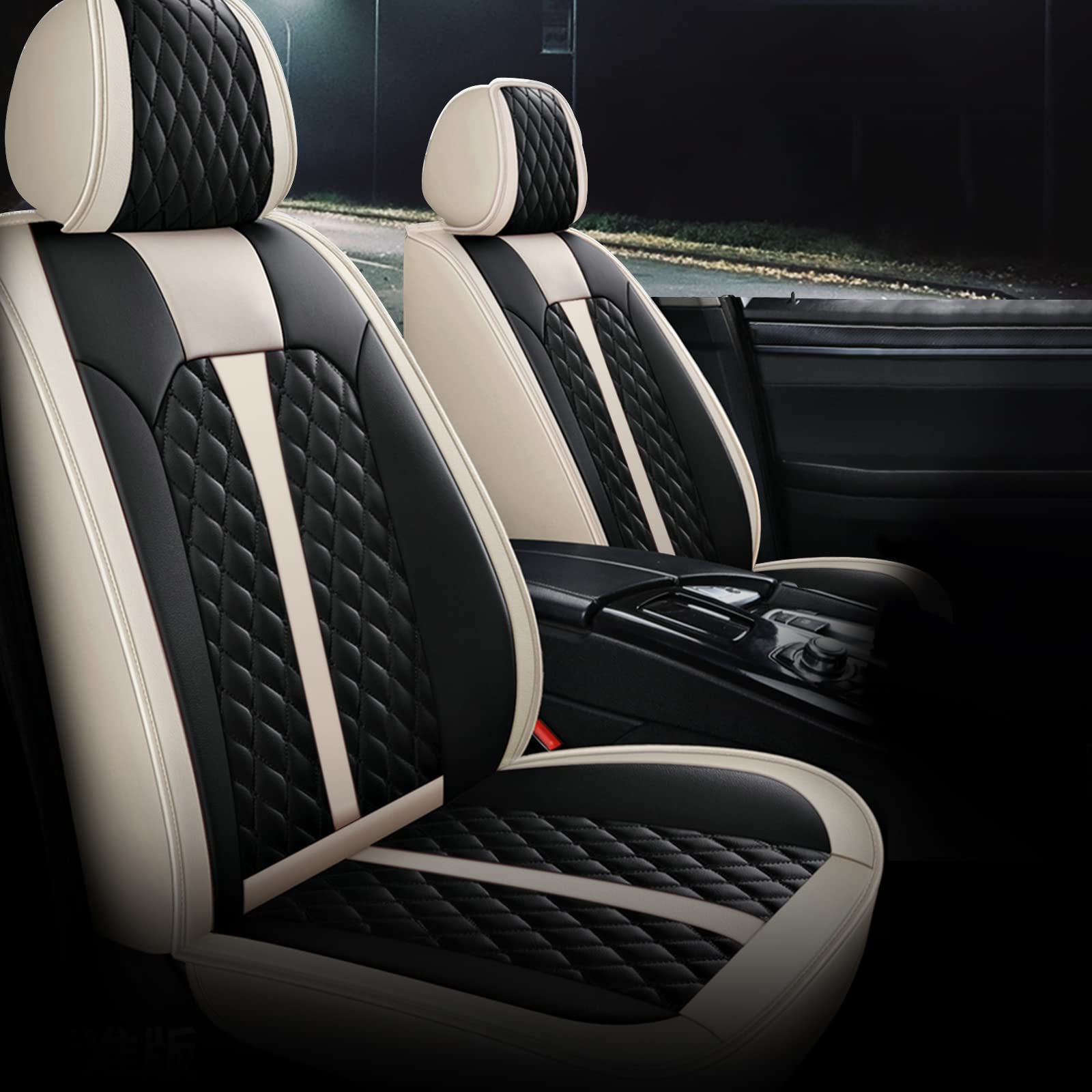 Premium Waterproof Faux Leather Seat Covers for Kia K5 2021-2022 Models - 5-Piece Full Set with Airbag Compatibility (Beige & Black) | Perfect for Daily Commuting, Road Trips & Protecting Car Seats from Spills, Pets & Wear