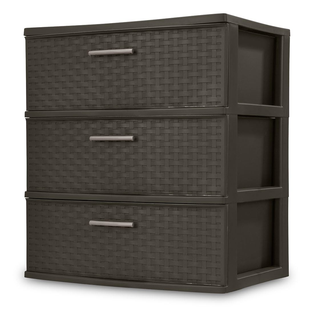 3-Drawer Wide Plastic Woven Storage Tower with Pull Handles - Decorative Organizer for Bedroom, Closet & Office - Espresso Brown - Compact Space Saving Design - Perfect for Small Spaces, Dorm Rooms & Home Organization (1-Pack)