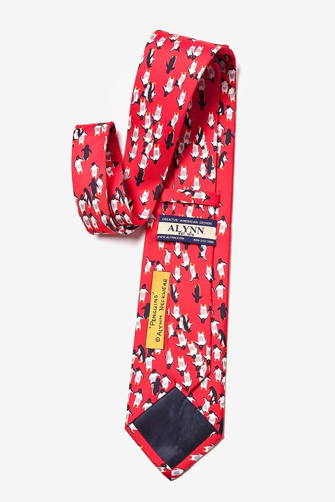 Premium Red Silk Tie with Penguin Pattern - Elegant Men's Necktie for Business, Weddings & Formal Events