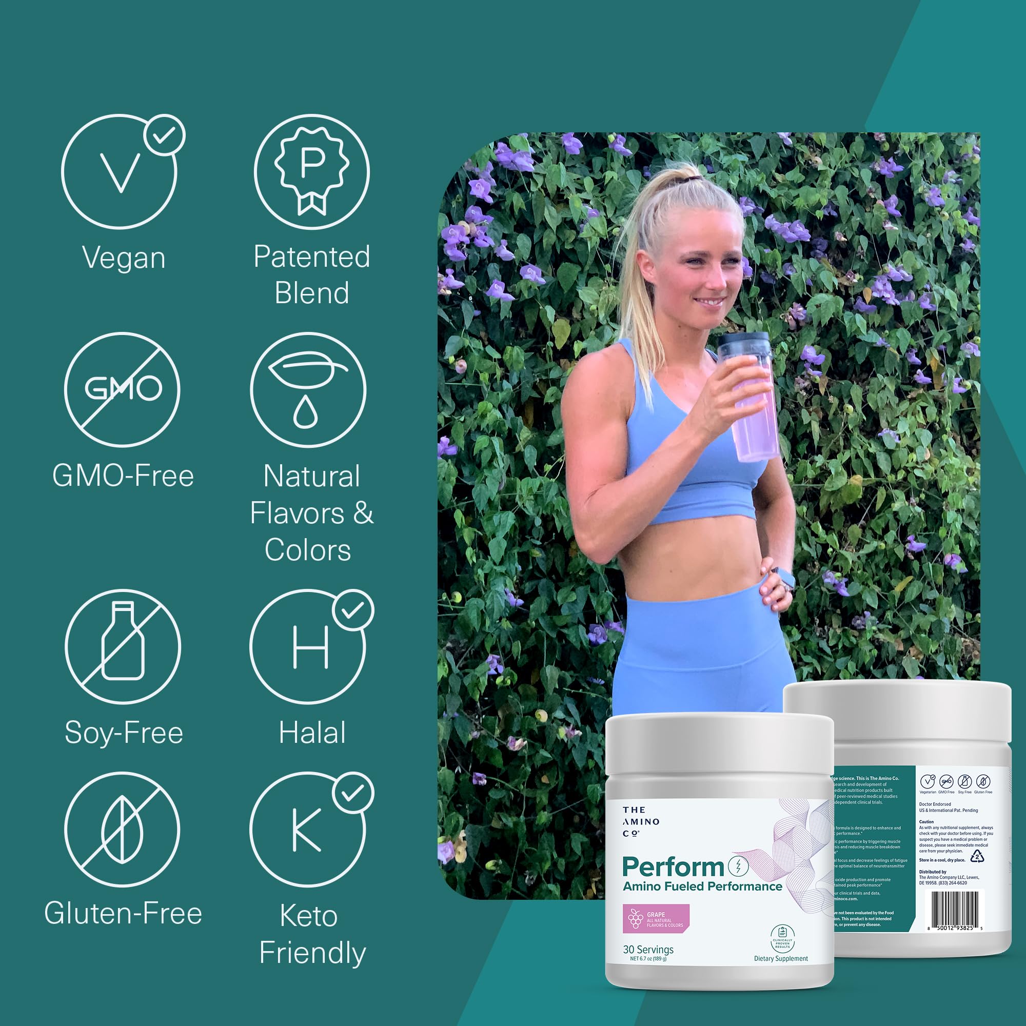 The Amino CO. - Pure EAA Amino Acids Pre Workout Powder Supplement for Men & Women - Natural Grape Flavor, Stevia Sweetened, 6.7 oz | Energy Boost for Gym, Running & Fitness Training