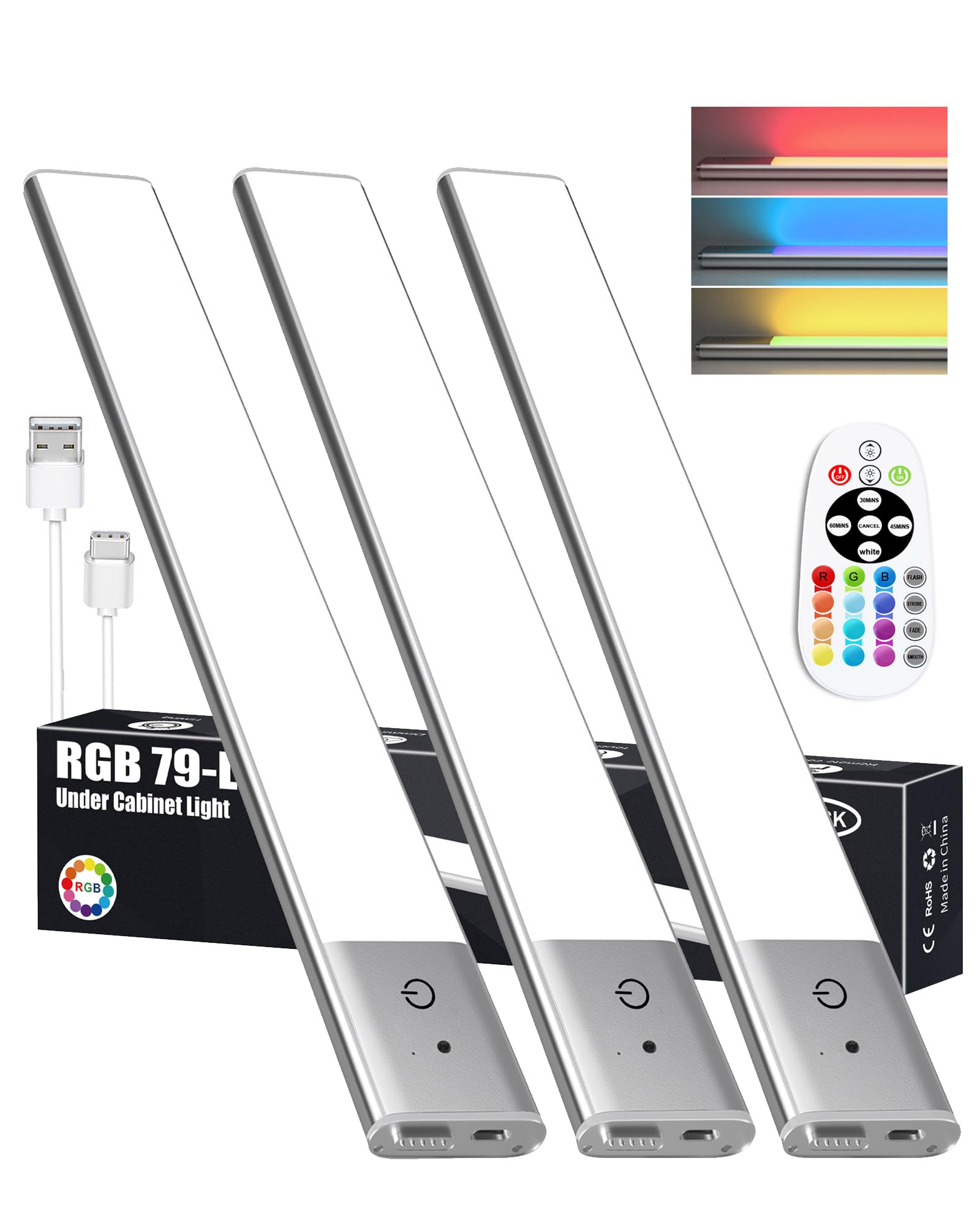 79-LED Under Cabinet Lighting Kit - RGB Rechargeable with 1500mAh Battery, Wireless Remote Control, 15 Color Options (3 Pack) - Perfect for Kitchen, Pantry, Bedroom, Closet & Counter Lighting
