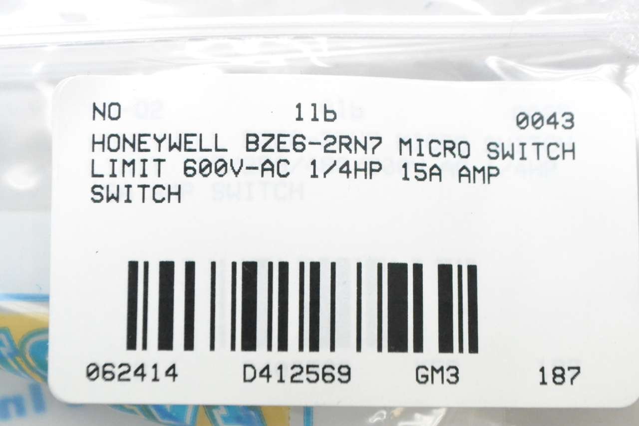 HONEYWELL BZE6-2RN7 Micro Limit Switch 600V AC 1/4HP 15A D412569 - Perfect for Industrial Control, HVAC Systems, and Electrical Equipment