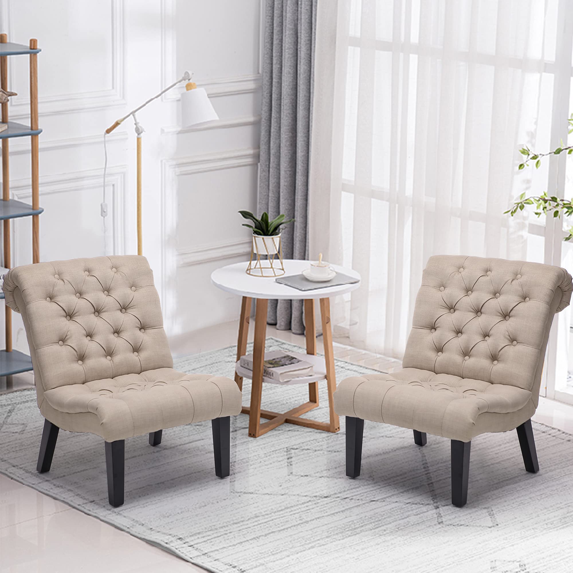 Premium Set of 2 Button Tufted Accent Chairs - Khaki Upholstered Lounge Chairs for Living Room, Bedroom & Office - Comfortable Guest Seating for Home Decor & Relaxation