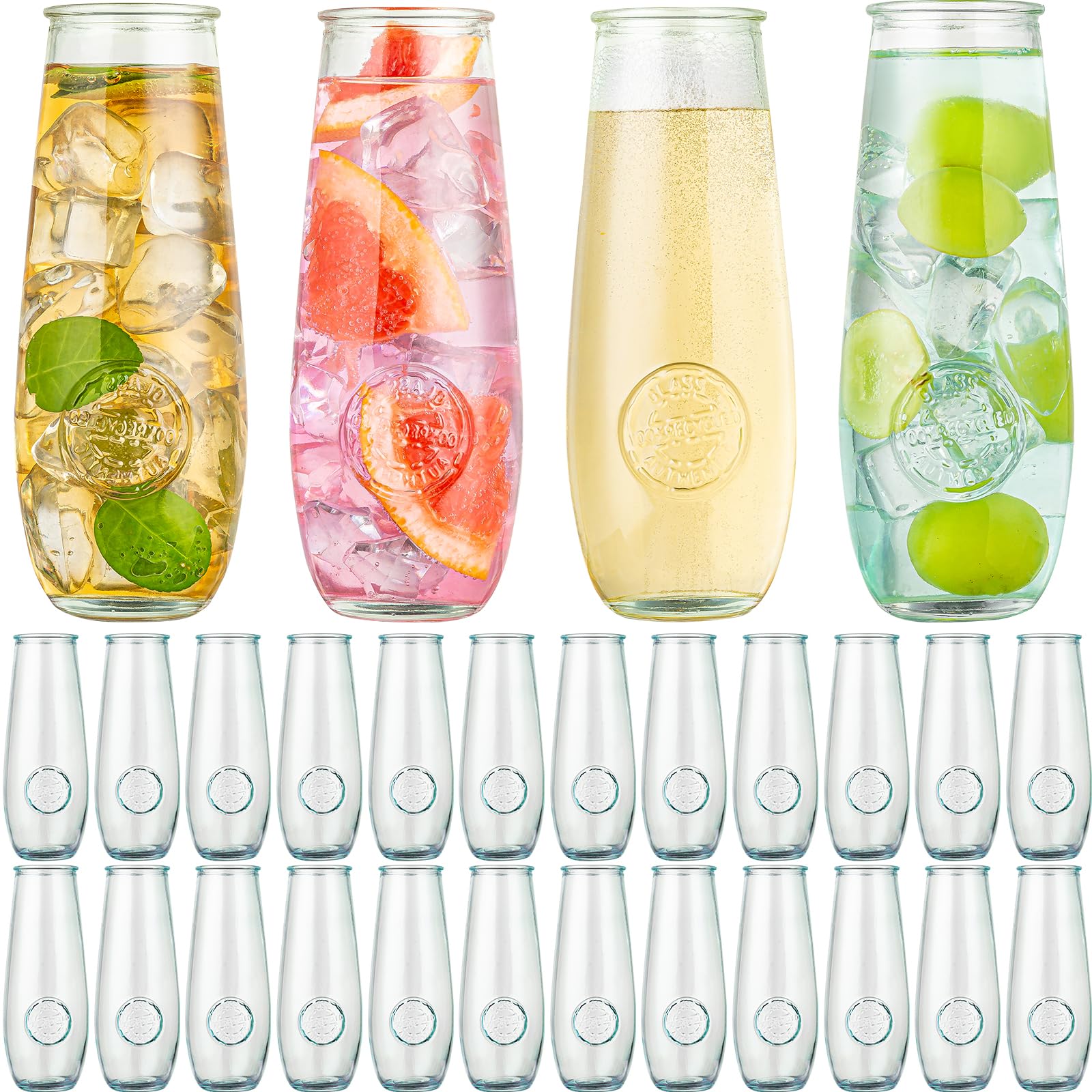 24-Pack 10 oz Stemless Champagne Flutes Set - Recycled Glass Toasting Glasses for Prosecco, Mimosa & Sparkling Wine - Elegant Embossed Design for Weddings, Parties, Easter & Special Occasions - Perfect for Bridal Showers, Anniversaries & Holiday Celebrations