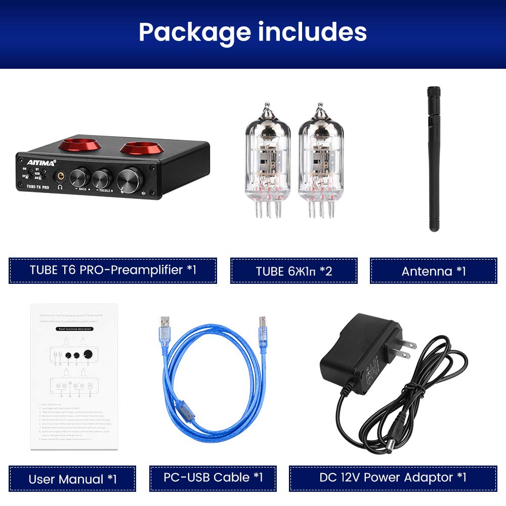 AIYIMA T6 PRO Bluetooth 5.0 Tube Preamplifier - Hi-Fi Vacuum Tube Headphone Amplifier with USB DAC & APTX Support for Home Audio, Wireless Receiver, PC Setup - Perfect for Audiophiles & Music Lovers