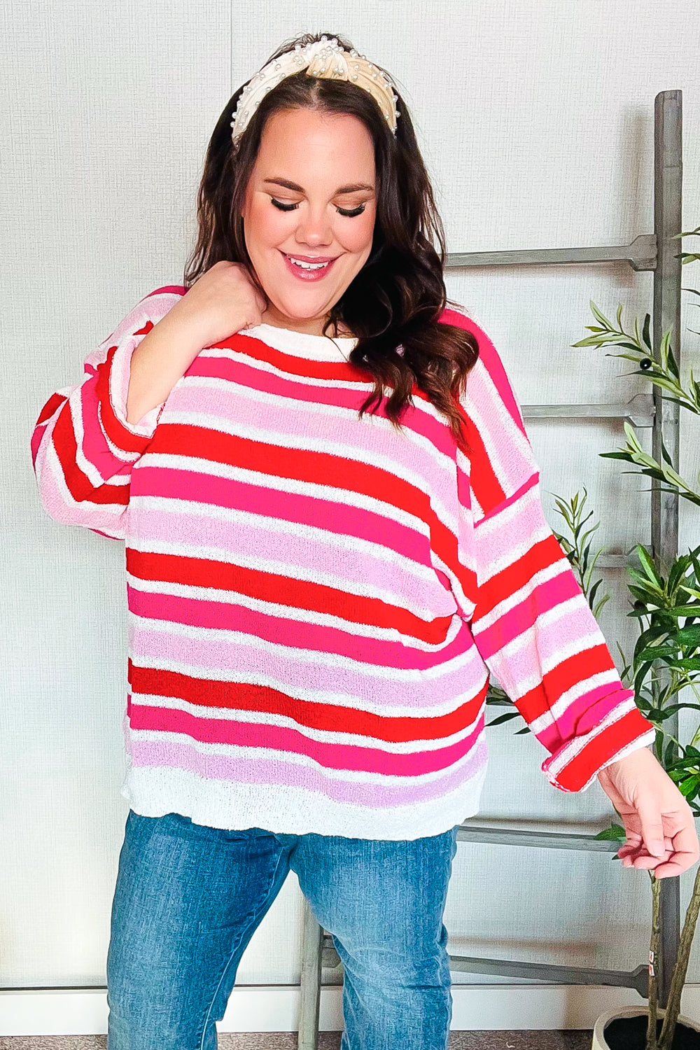 Trendy Red & Pink Loose Knit Striped Ribbed Pullover Sweater for Women | Casual Winter Warm Oversized Knitwear | Perfect for Date Nights, Coffee Dates & Weekend Outings