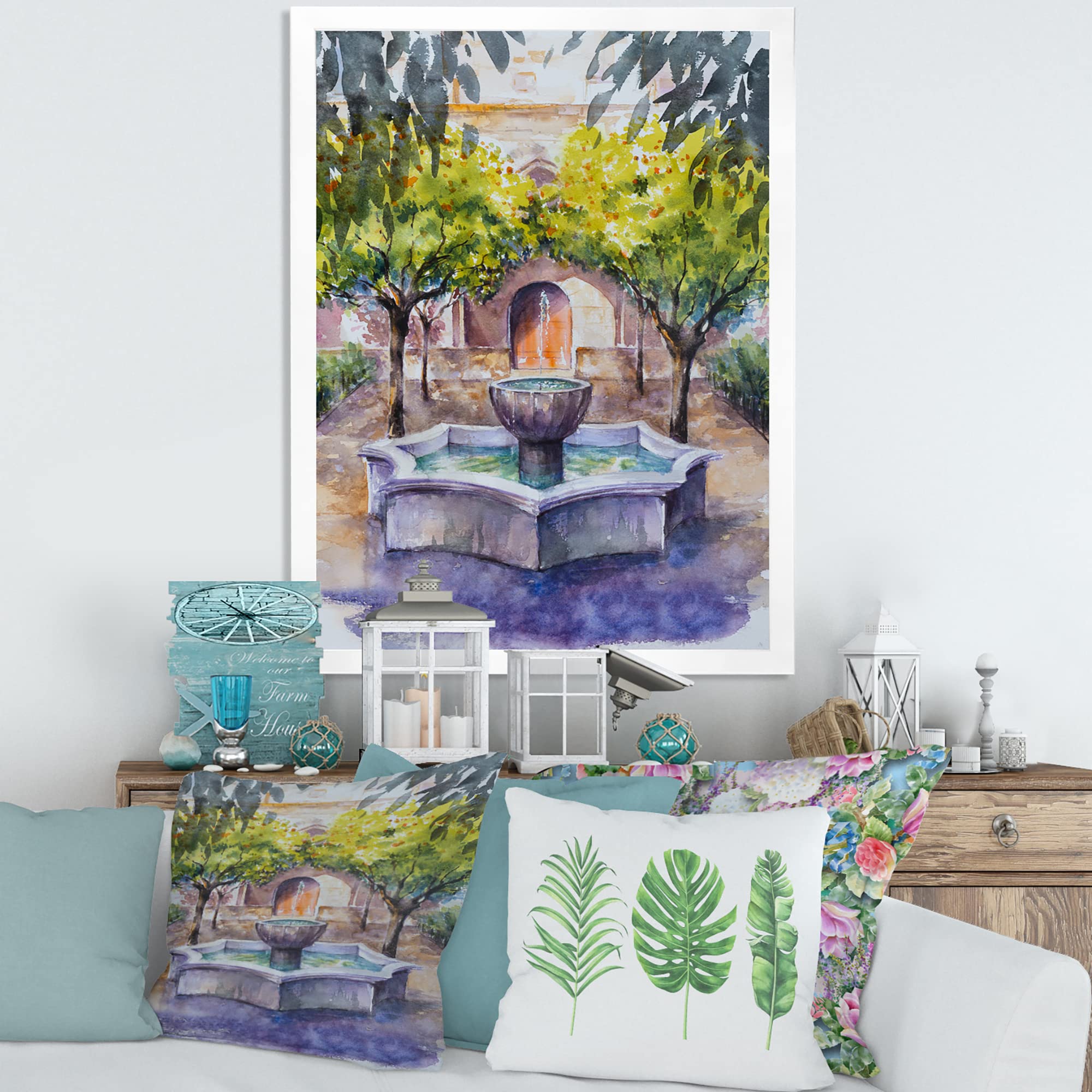 DesignQ Small Framed Wall Art - Village Country Landscape with Trees and Fountain Picture - Perfect for Living Room, Bedroom, or Office Decor
