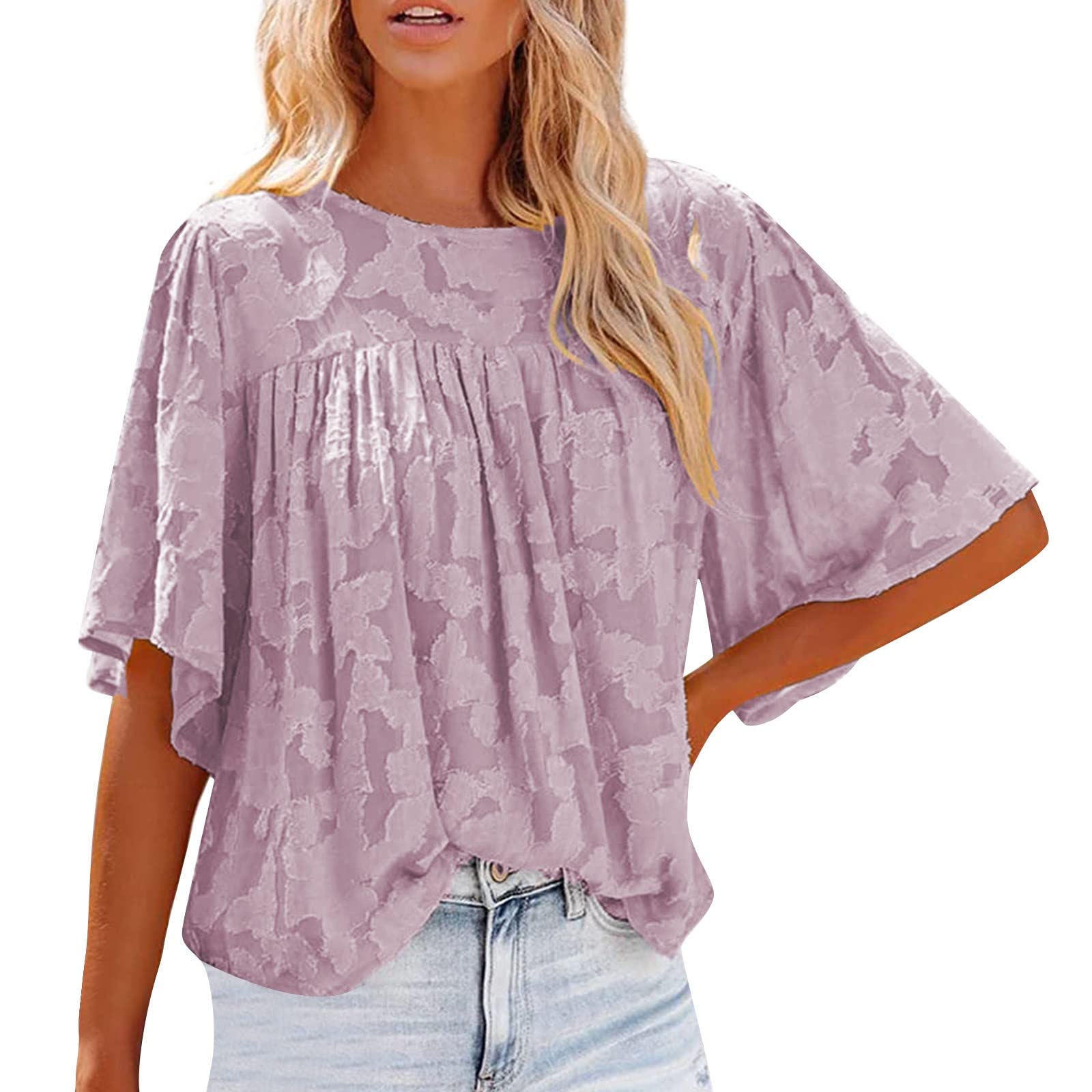 Trendy Women's 3/4 Bell Sleeve Blouse - Summer Crewneck Lace Tops with Floral Textured Design for Casual Wear, Office & Date Night Outfits