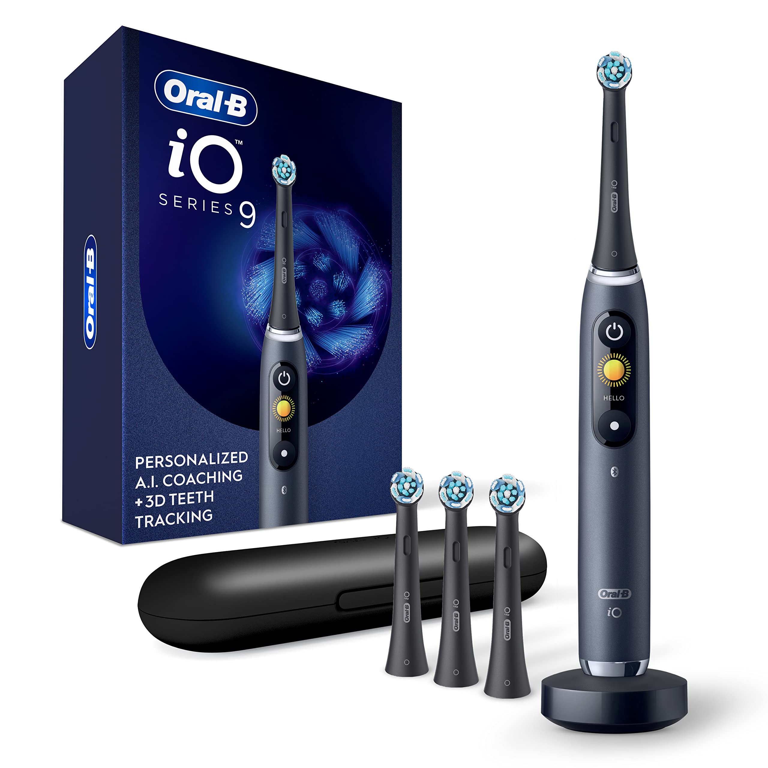 Oral-B iO Series 9 Electric Toothbrush - Black Onyx Rechargeable Toothbrush with 4 Brush Heads & Travel Case - Advanced Cleaning for Sensitive Teeth & Gum Care - Perfect for Travel & Home Use