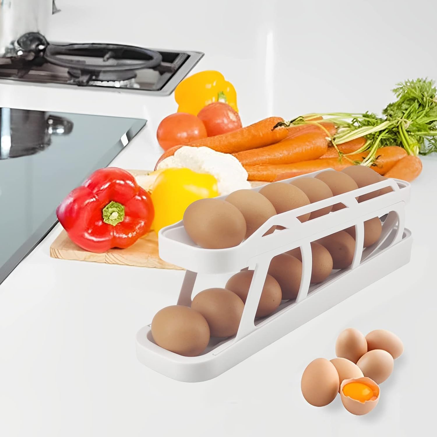 AVMPHD 2-Tier Automatic Rolling Egg Storage Container for Refrigerator - Space Saving Egg Holder with Anti-Slip Bottom for Fridge, Countertop & Cabinet | Perfect for Kitchen Organization & Fresh Egg Storage