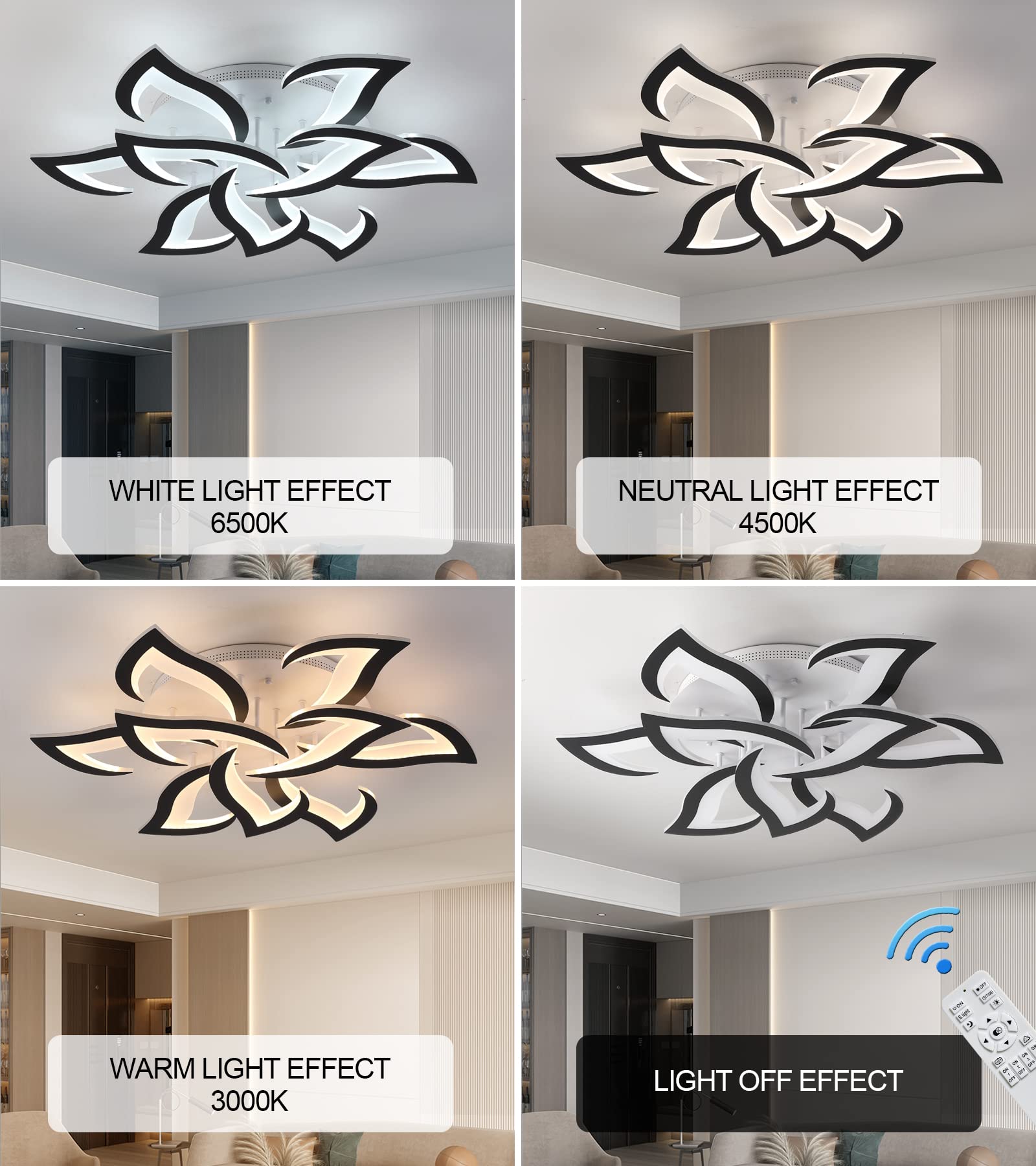 MEIXISUE Modern Black LED Floral Ceiling Light Fixture with Remote Control - Dimmable 31.5