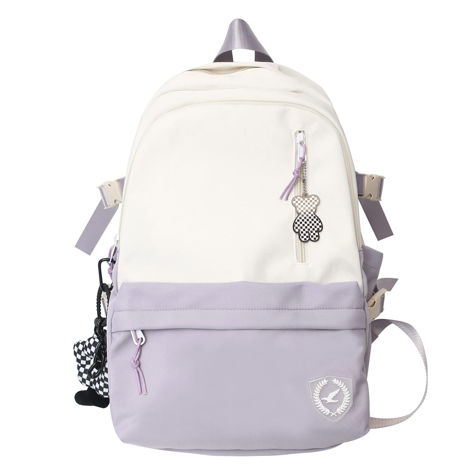 Aoakva Indie Backpack - Stylish Japanese Aesthetic School & Travel Bag, Color Block Design with Free Cute Pendant (Purple) - Perfect for College, Work, Daily Commute & Weekend Adventures