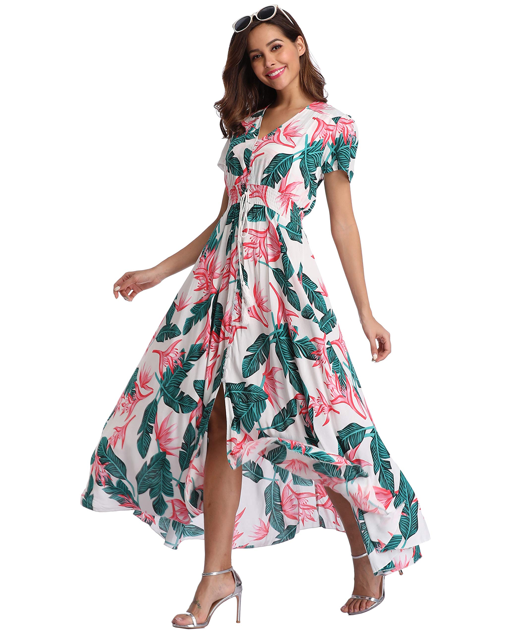 Ferrendo Women's Floral Maxi Dress - Button Up Bohemian Beach Dress with Side Slit & Flowy Design for Summer Parties, Vacations & Outdoor Events