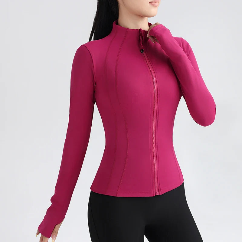 Women's Full Zip Yoga Jacket with Thumbholes - Stretch Fit Long Sleeve Workout Top for Gym, Running & Fitness - Breathable Round Neck Sportswear for Yoga, Pilates & Outdoor Activities