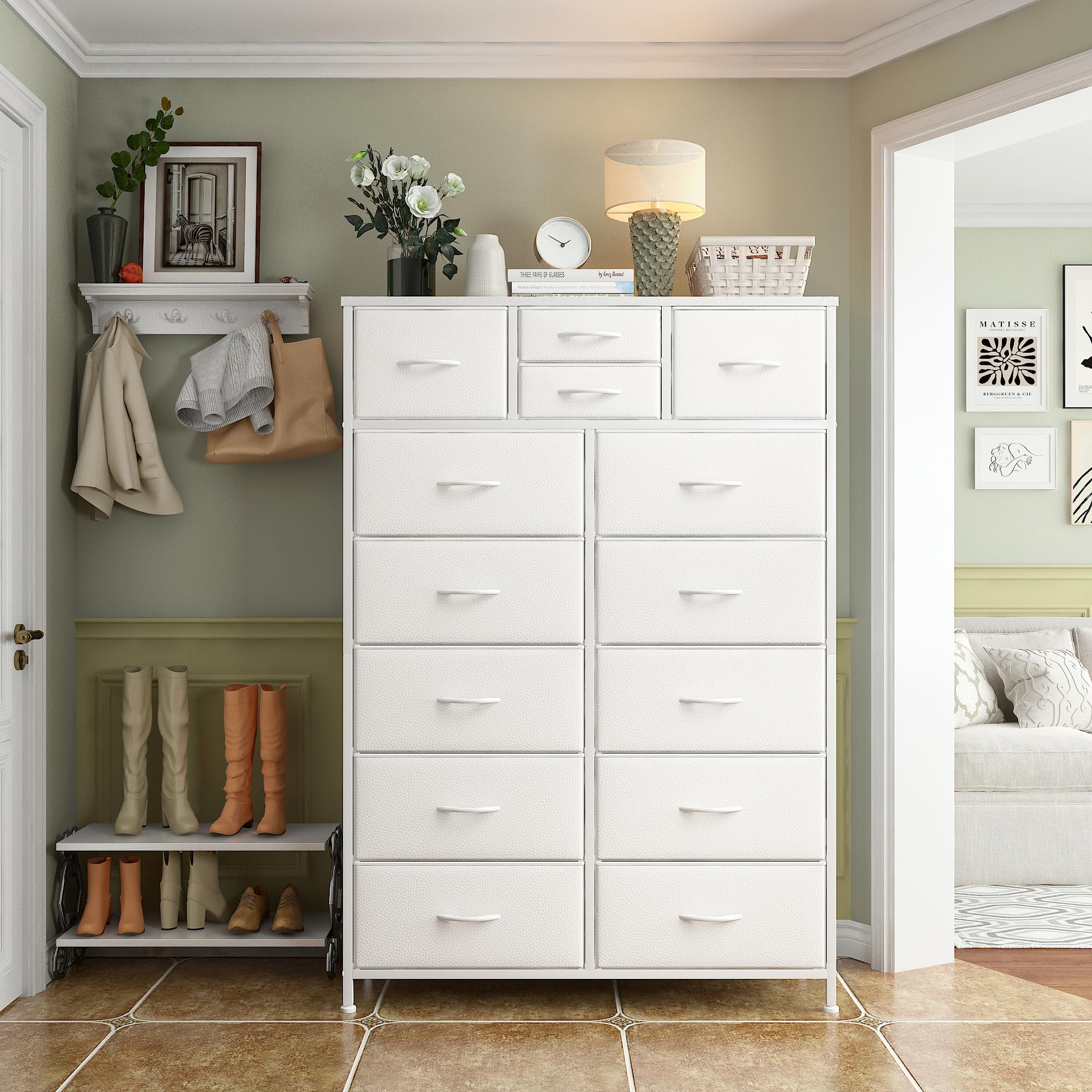 EnHomee 14-Drawer White Dresser for Bedroom - Tall Wooden Top & Metal Frame Fabric Storage Chest | Perfect for Bedroom, Closet & Living Room Organization